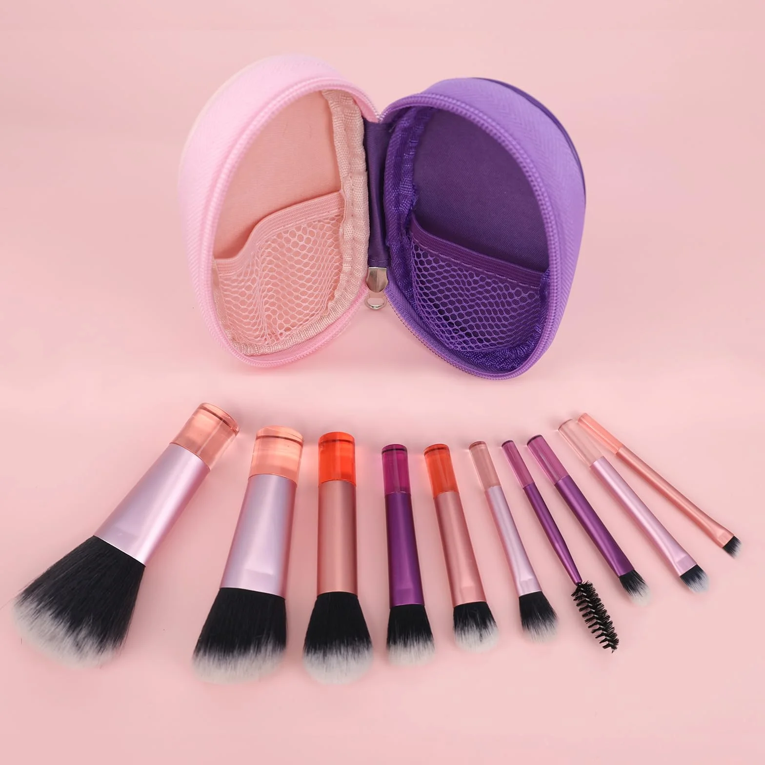 Mini Set di Pennelli per il Trucco, Set di Pennelli per il Trucco da 10 Pezzi da Viaggio con Borsa in Pu, Set di Pennelli per Cosmetici Portatile per Viaggi d'Affari, Vacanze, Campeggio (Rosa e Viola)