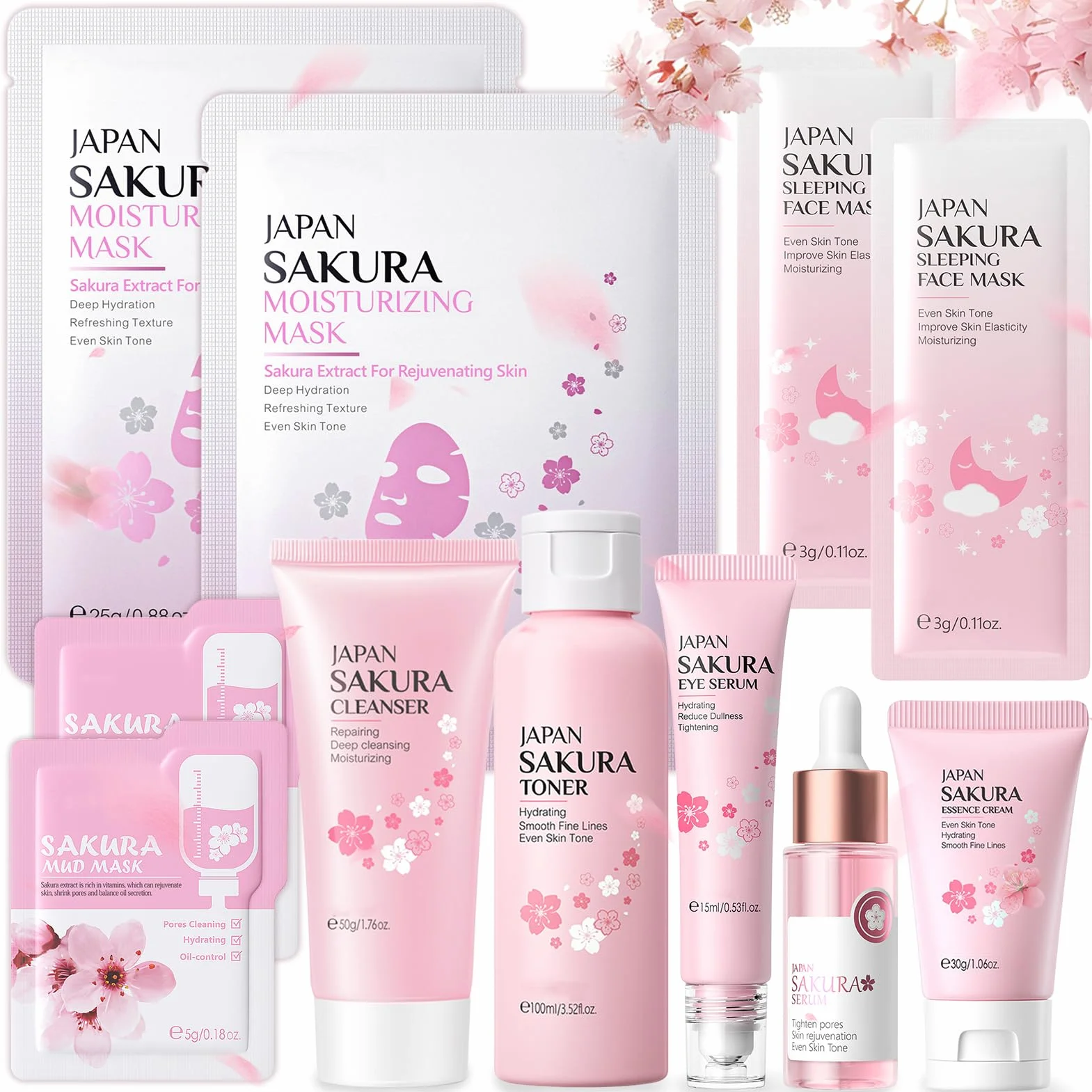 Kit per la Cura della Pelle Sakura 11 Pezzi, include Detergente, Tonico, Crema Viso, Siero e Crema per Gli Occhi, Set Skincare Viso Completo per Ragazze e Donne