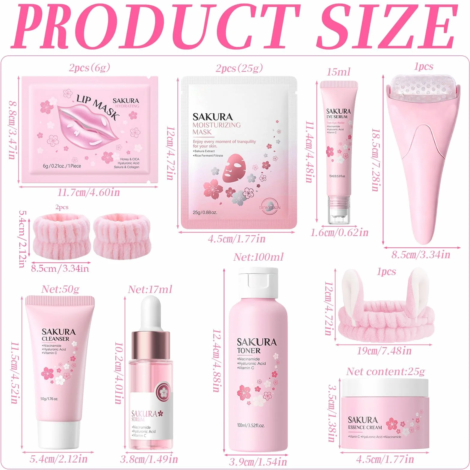 Kit per la Cura della Pelle Sakura 12 Pezzi,include Detergente, Tonico, Crema Viso, Maschera, Siero e Crema per Gli Occhi,Accessori,Set Skincare Viso Completo per Ragazze e Donne