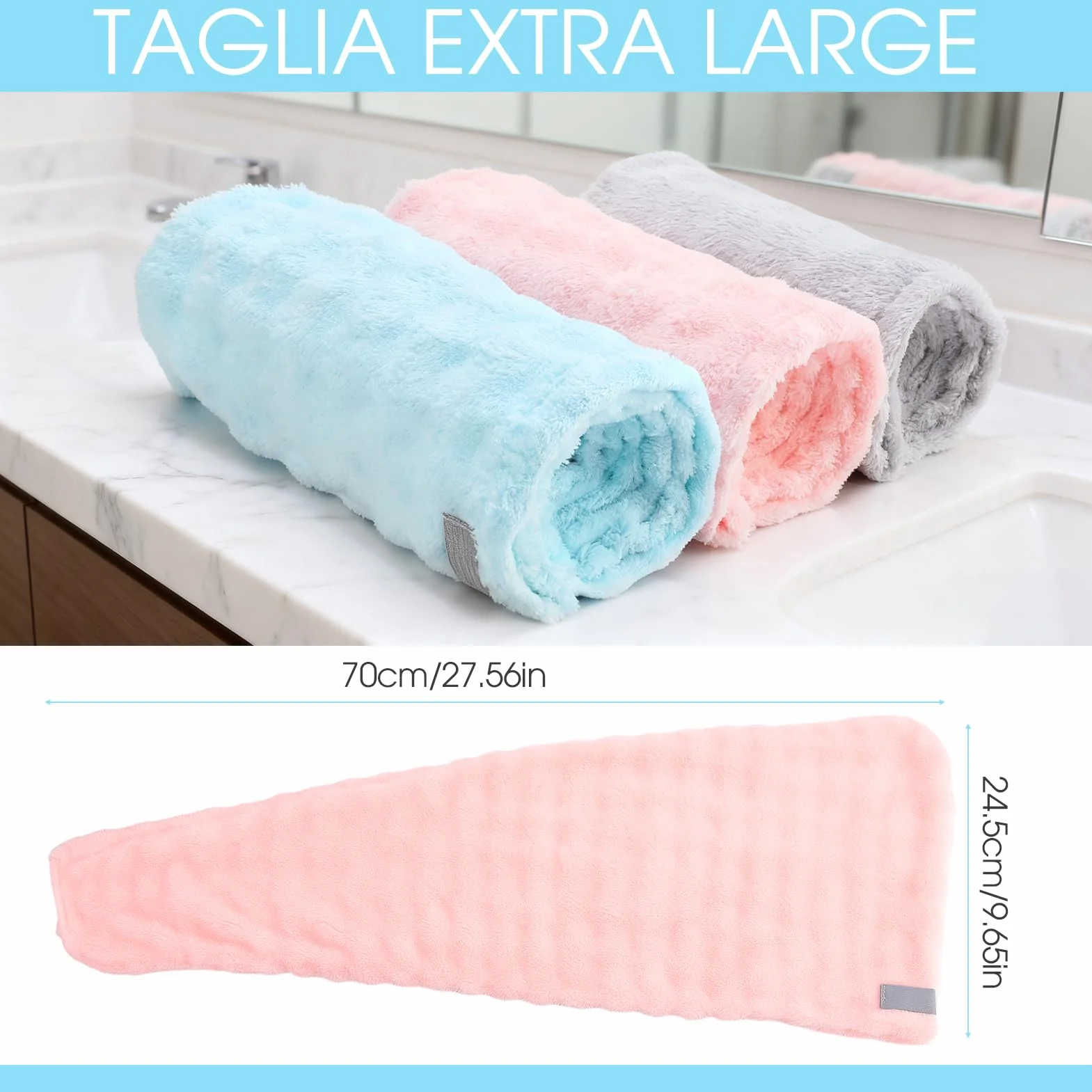 Asciugamani per Capelli a Turbante 3 Pezzi Turbante Asciugacapelli Forte assorbimento d'acqua Asciugamano Capelli Turbante in Microfibra Asciugamano per Capelli per Capelli Ricci Lisci