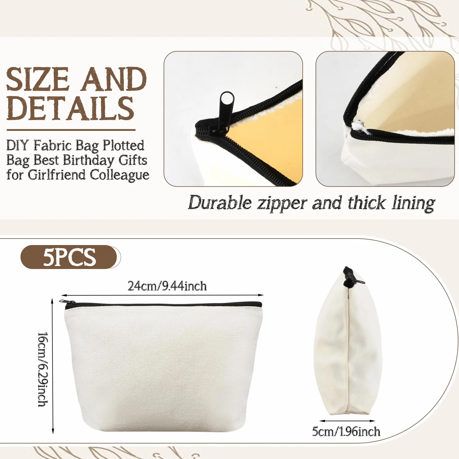 5 Pezzi Borsa per cosmetici in Tela,24x5x16cm Pochette in Tela Bianca con Cerniera,Astuccio Vuoto Fai da Te per Trucco,Matite,Pittura,Viaggi,Borse Cosmetica Multifunzionale Donna Regalo Creativo