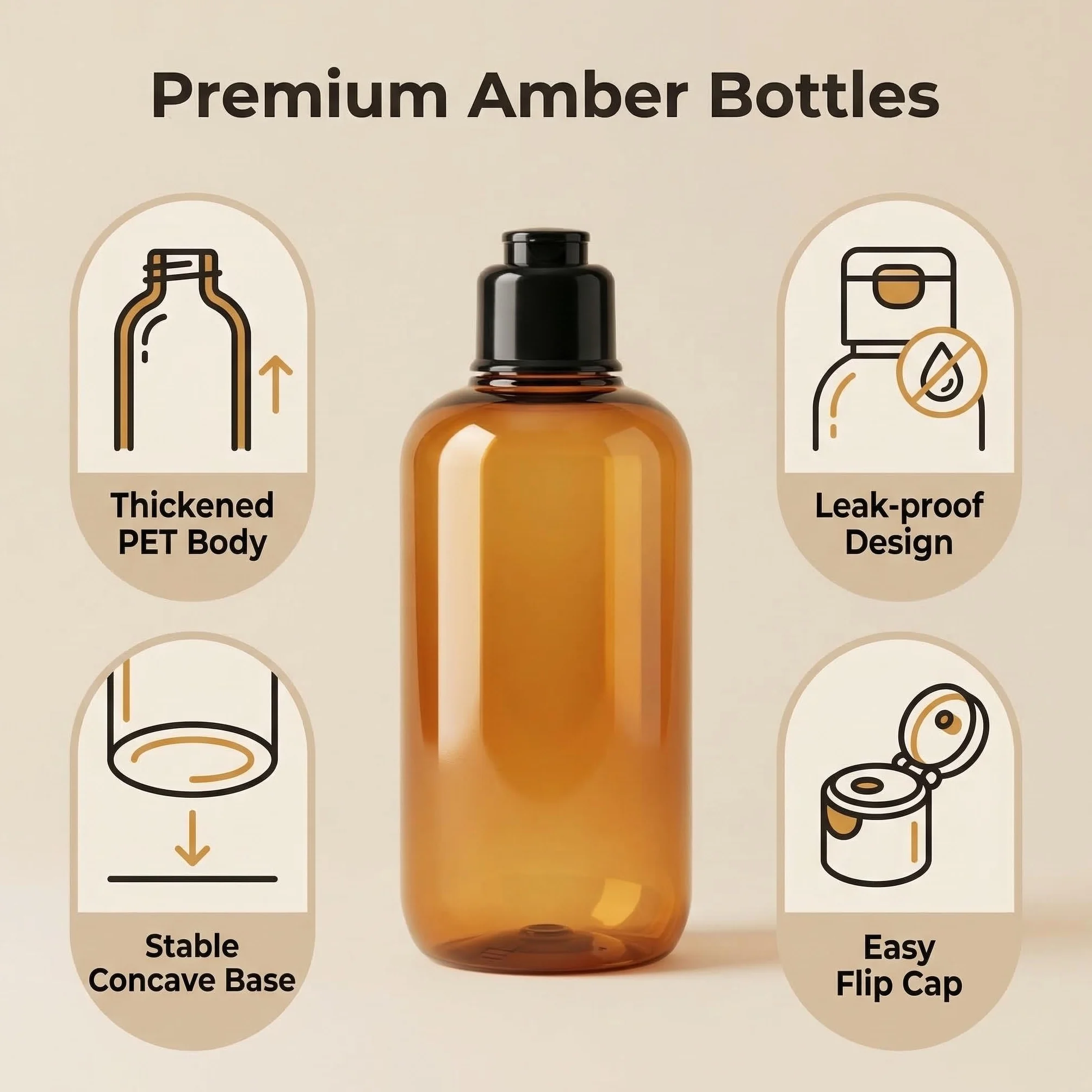 VASANA 200 ml di ricarica vuota in plastica da spremere con tappo nero per trucco, oli essenziali, shampoo, gel doccia liquido per il corpo e sapone fai da te, confezione da 2 (ambra) 300ml Ambra
