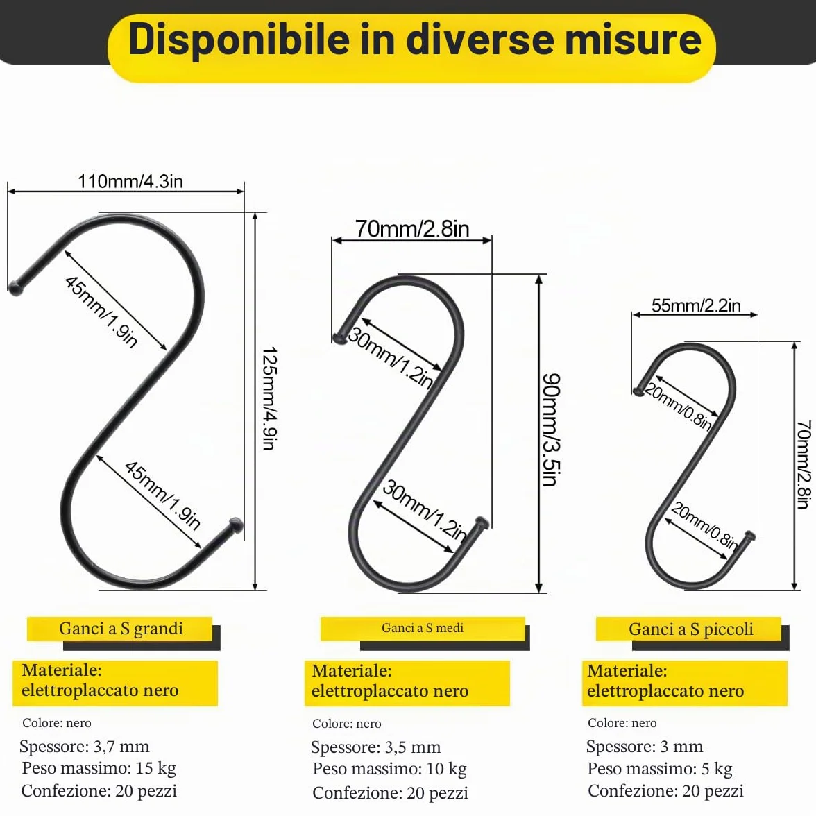 Ganci Pesanti a S 125mm Nero 20 Pezzi per Cucina Bagno