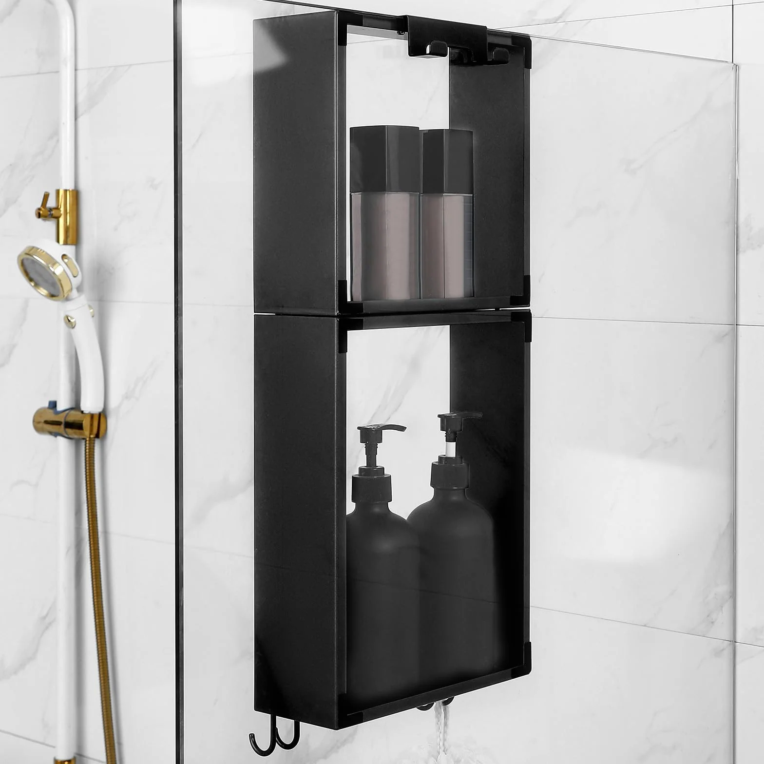 Mensola Doccia SUS 304 Acciaio Inox Porta Shampoo con Gancio Nero