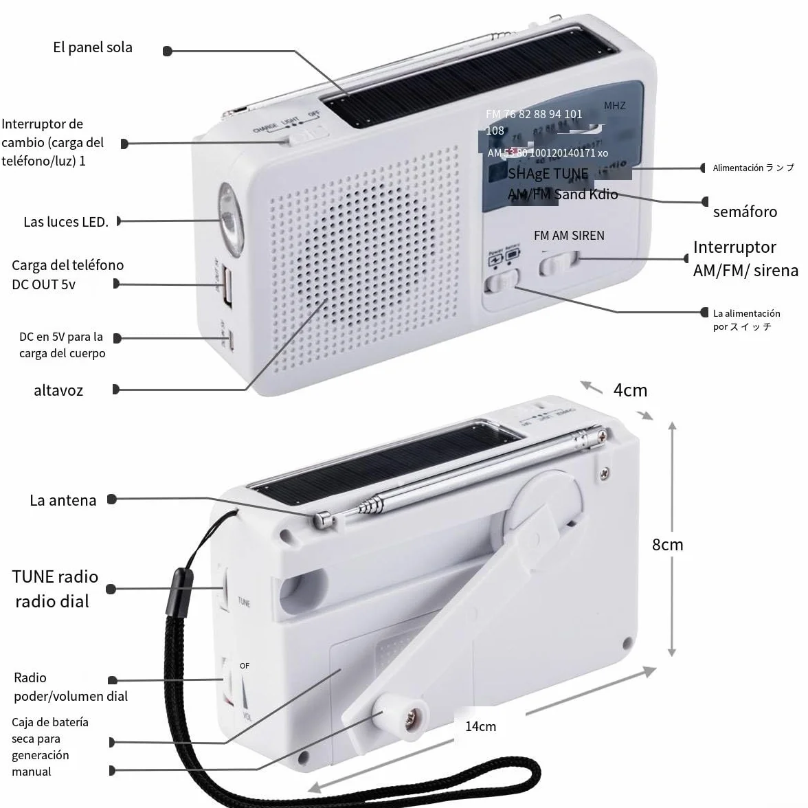 Radio a energia solare a manovella con torcia LED e ricarica cellulare, bianco