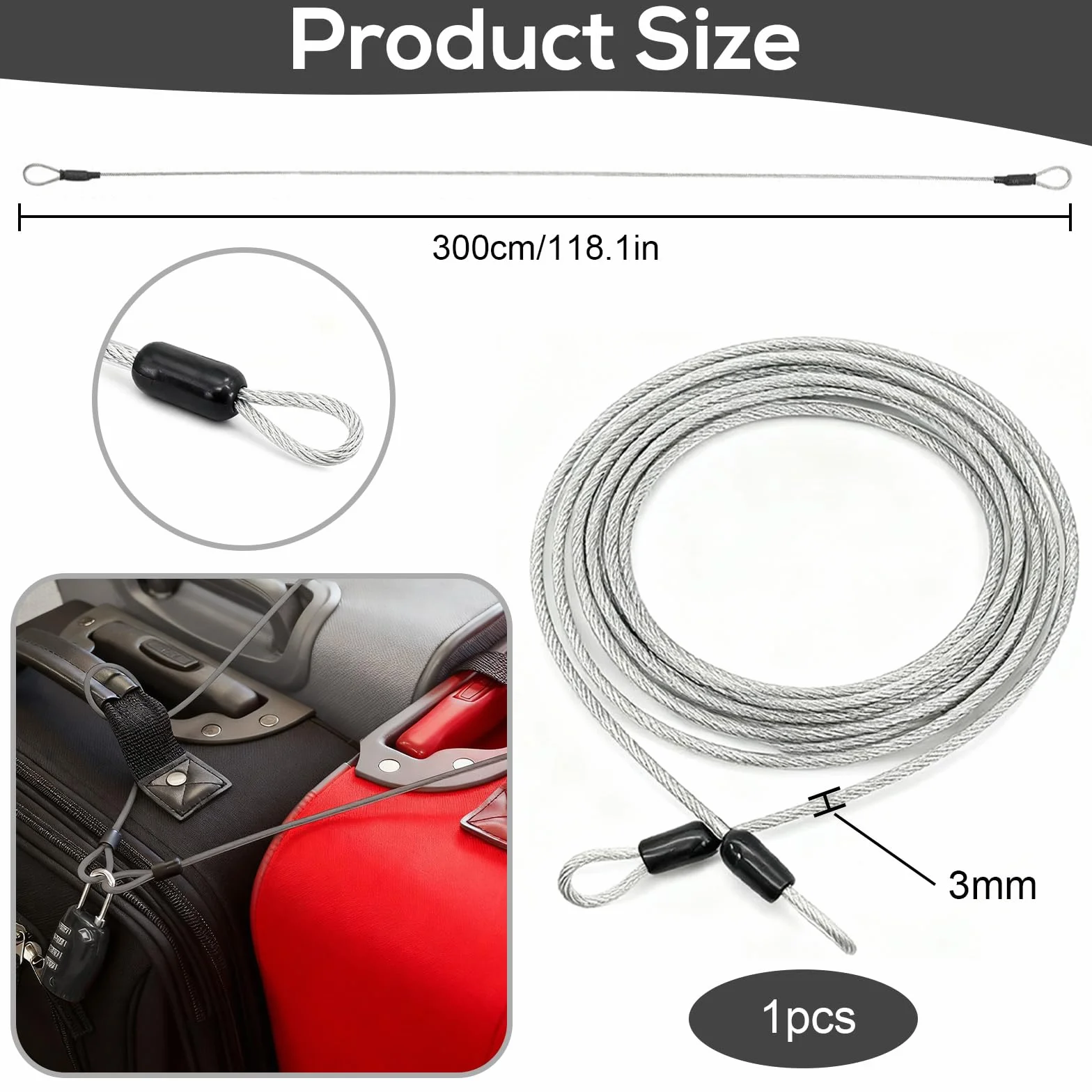 Cavo di Sicurezza Antifurto in Acciaio Inossidabile 3 m con Occhielli per Garage e Mobili da Giardino