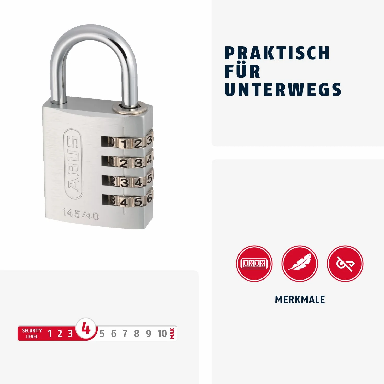 ABUS Lucchetto a Combinazione 145/40 Rosso - Lucchetto in Alluminio con Codice Numerico Regolabile, Livello di Sicurezza 4