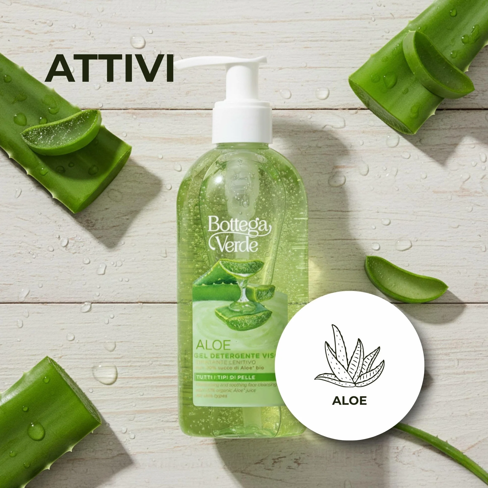 Bottega Verde - Aloe, Gel Detergente Viso, 200 ml, Idratante e Lenitivo con 20% di Succo di Aloe Bio, Detersione Delicata per Tutti i Tipi di Pelle, Formula Fresca e Naturale