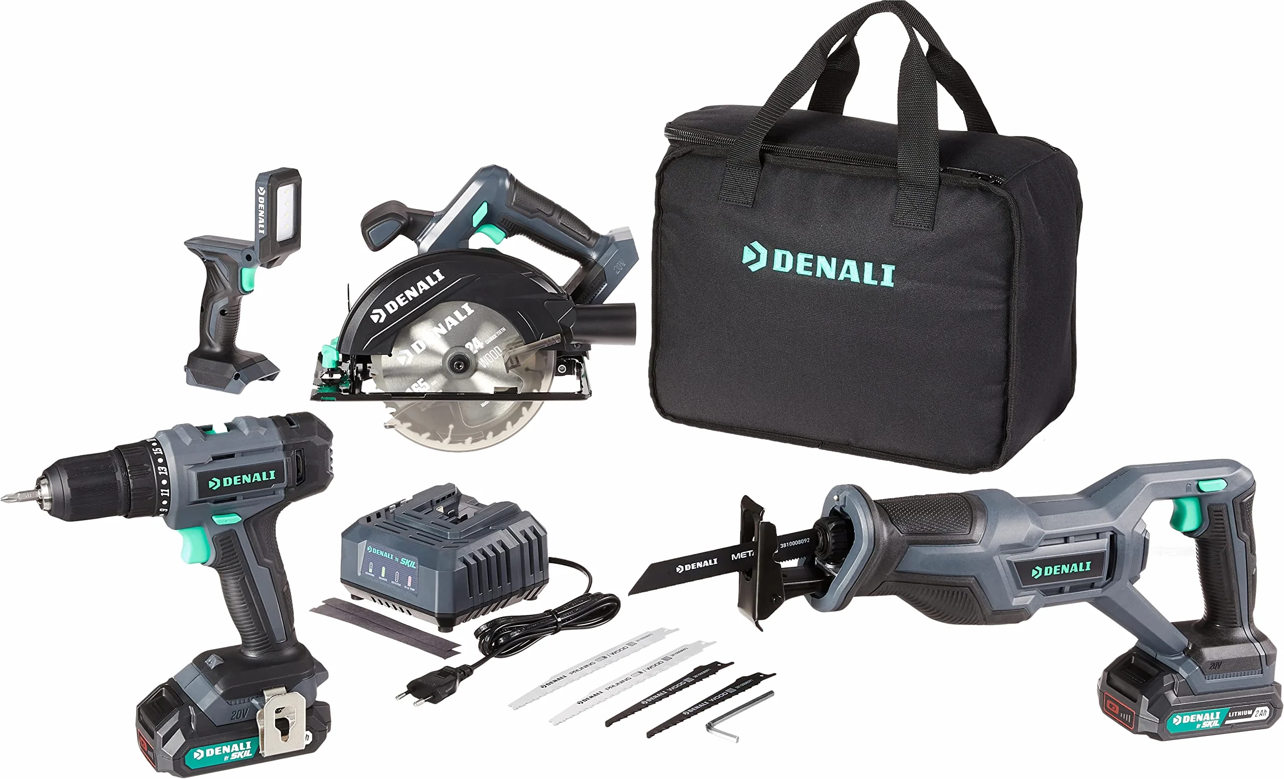 Marchio Amazon Denali SKIL Kit Trapano Seghetto Alternativo Sega Circolare Faretto 18V 20V max 2 Batterie 2.0Ah Caricabatteria Blu