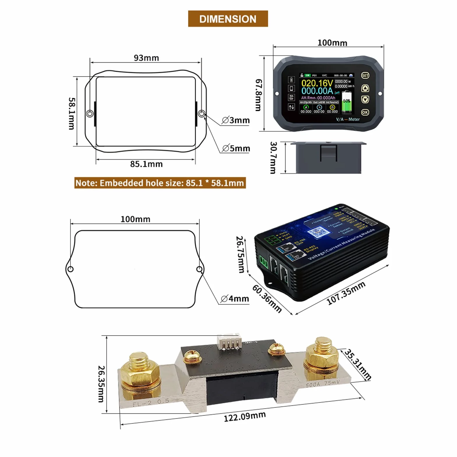 Controllo Mobile Monitor Batteria Amperometro Coulomb 0-120V Digitale APP (KG140F0-400A)