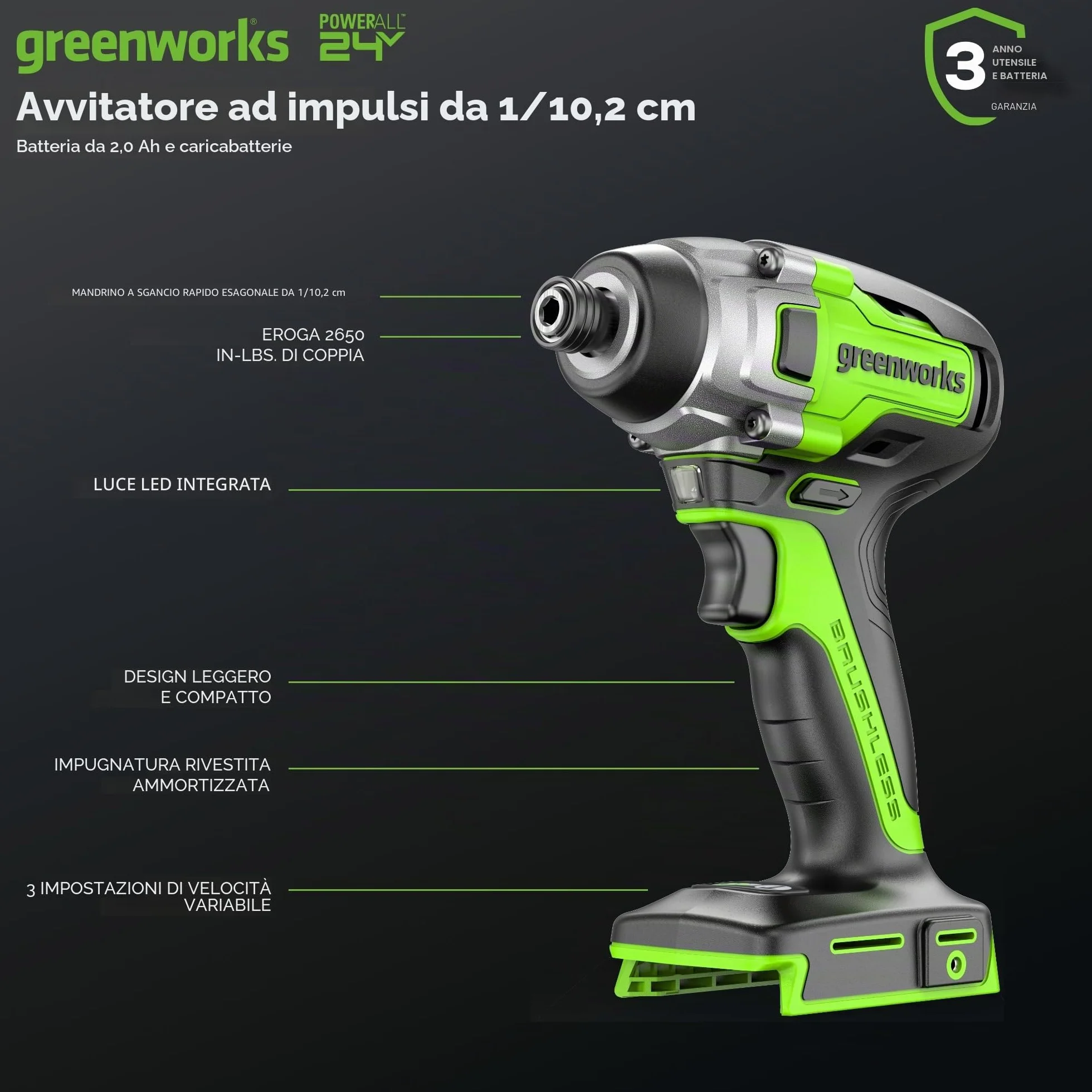 Greenworks Martello perforatore a batteria 24 V 1,2 J 300 Nm 2 Ah