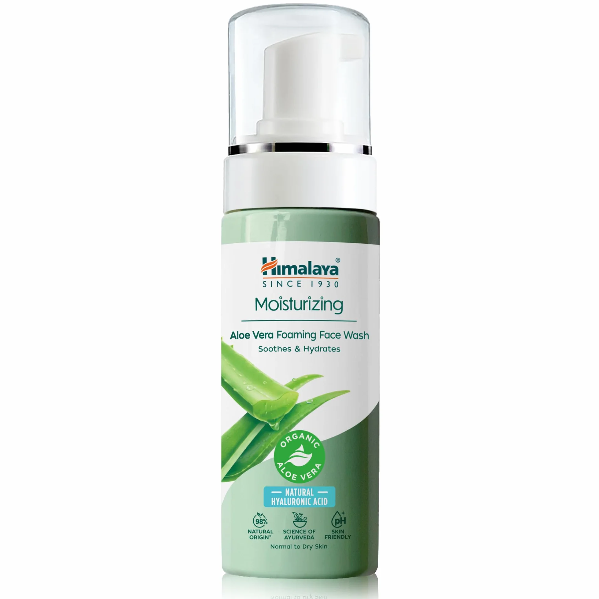 Himalaya Detergente Schiumogeno Idratante con Aloe Vera Biologica e Acido Ialuronico Naturale, per pelle secca e spenta, 98% ingredienti di origine naturale, dermatologicamente testato, 150 ml