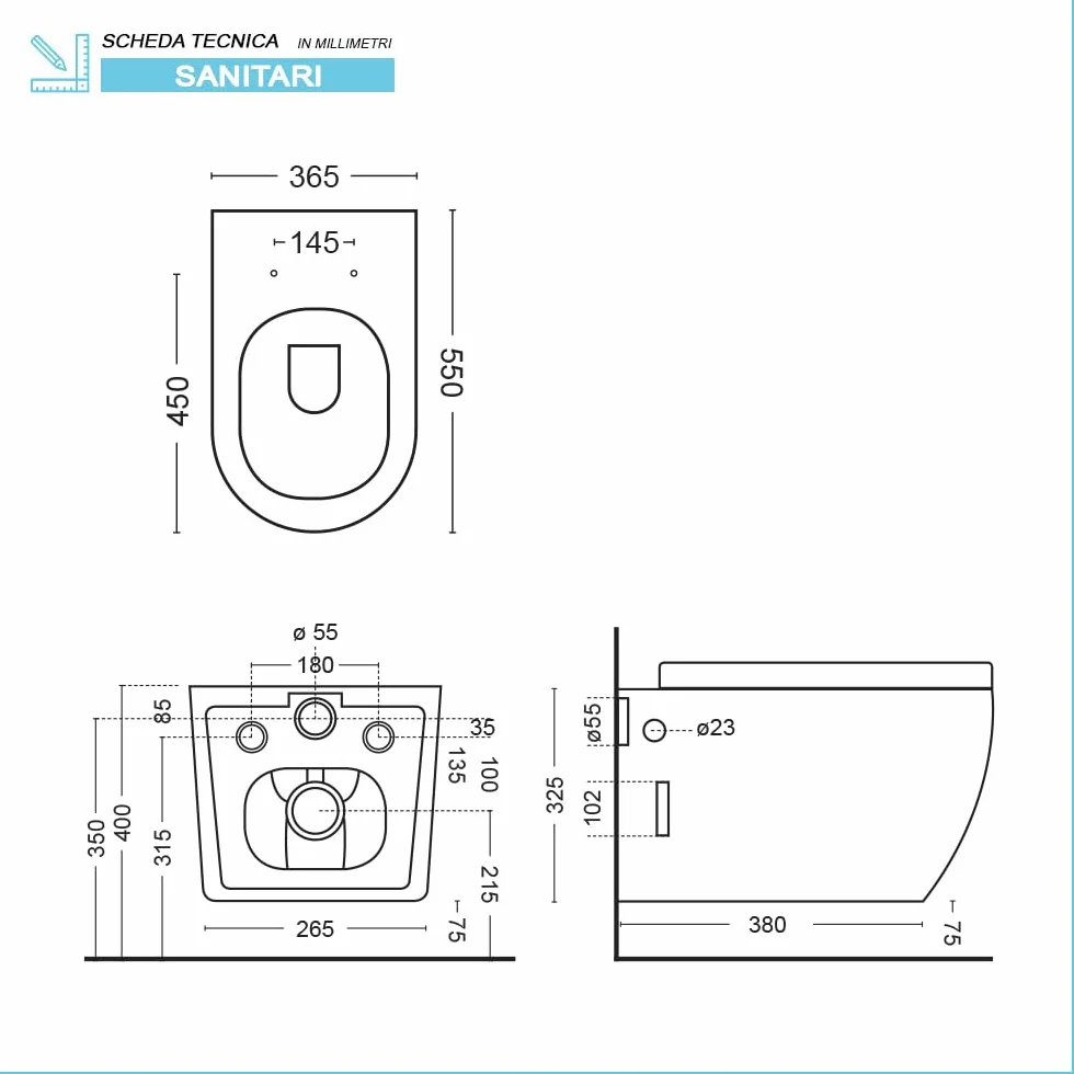 Set Sanitari Sospesi Rimless Ceramica Effetto Marmorizzato Bianco Linea Tokyo L 36 x P 55 x H 33 cm Sedile Soft-Close