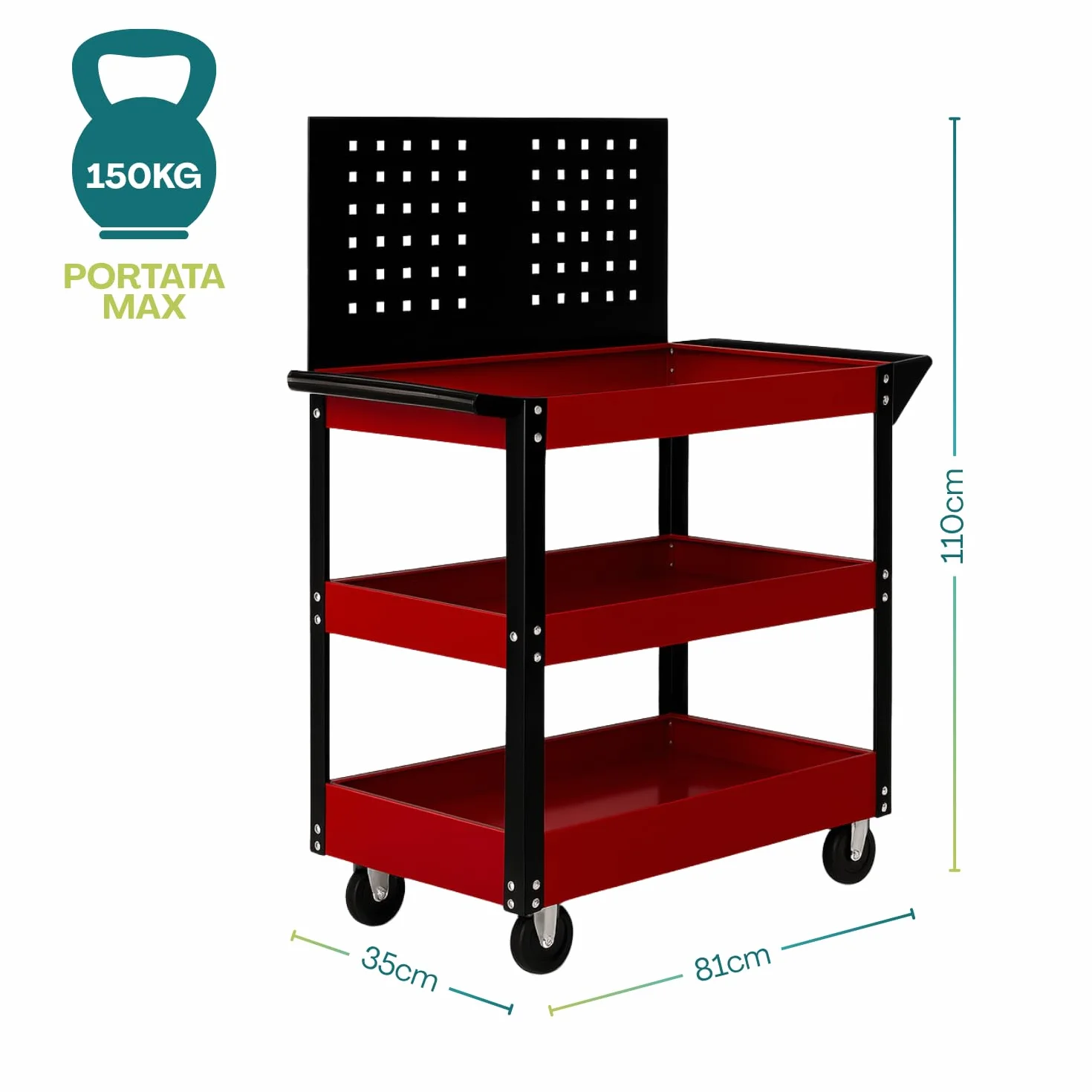 PALUPLUS Carrello Porta Attrezzi 3 Ripiani Pannello Forato 81x35x110 cm Acciaio Ruote Girevoli 150Kg
