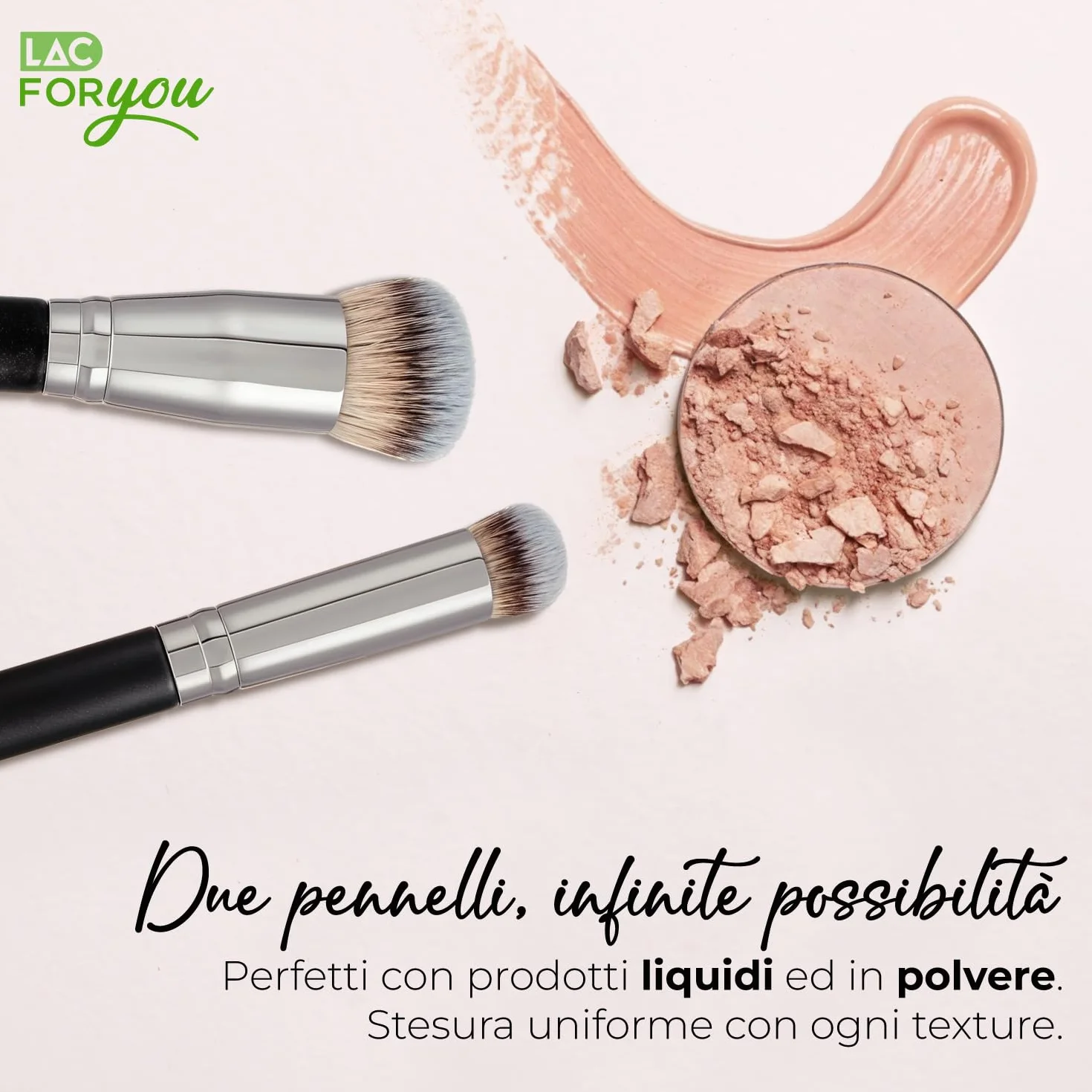 LAC FOR YOU Set 2 Pennelli Fondotinta & Correttore – Pennello Fondotinta Obliquo a Setole Dense e Pennello Correttore Precisione Occhiaie – Manico Cilindrico Ergonomico