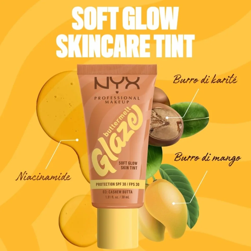 NYX Professional Makeup Fondotinta Illuminante, Per Tutti i Tipi di Pelle, Incarnato Uniforme e Luminoso, Effetto Naturale e Tenuta fino a 12H, Con SPF 30, Buttermelt Glaze, Tonalità: 03 Cashew Butta