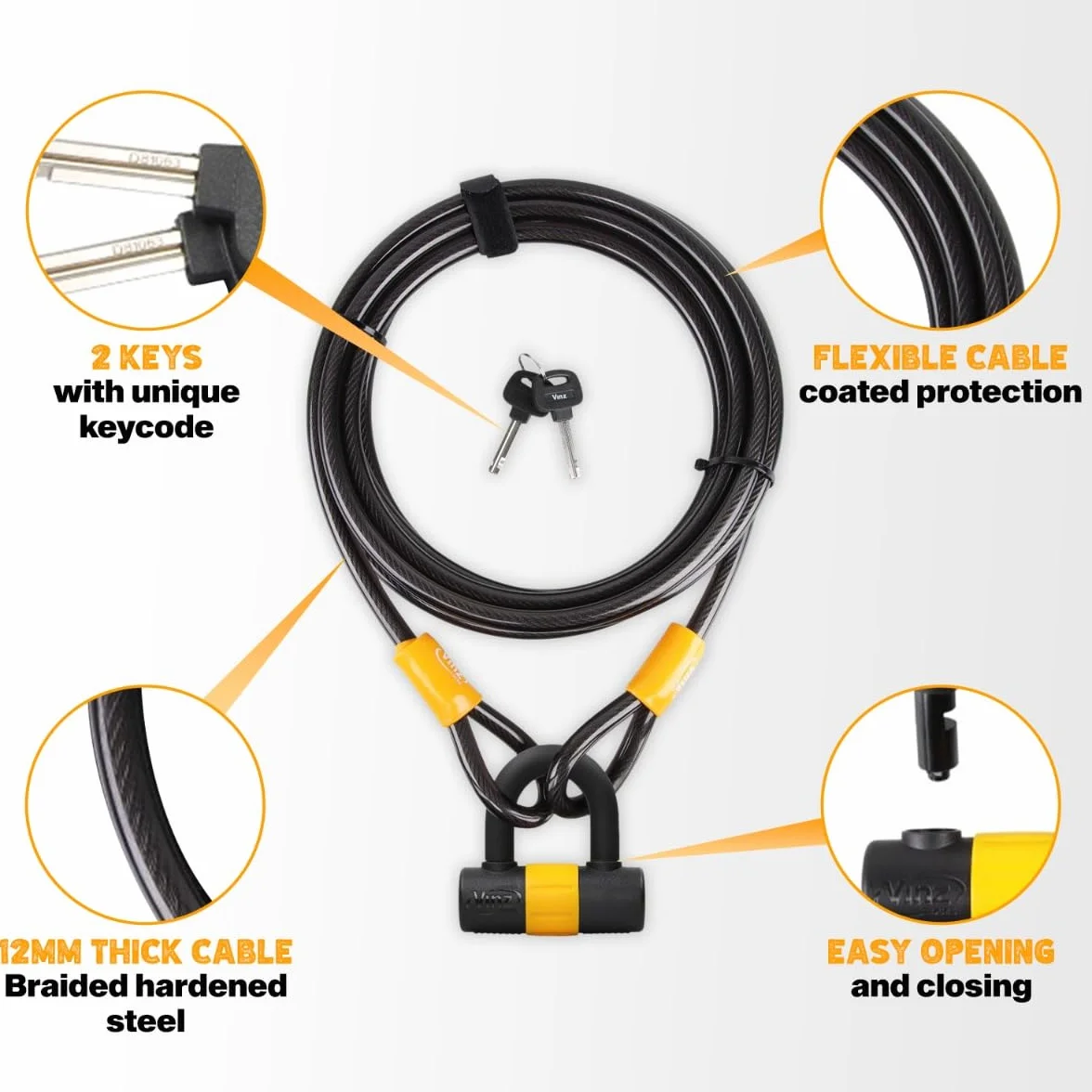 VINZ Kinabalu Cavo antifurto in acciaio Ø 12 mm 5 m con serratura rivestita in plastica