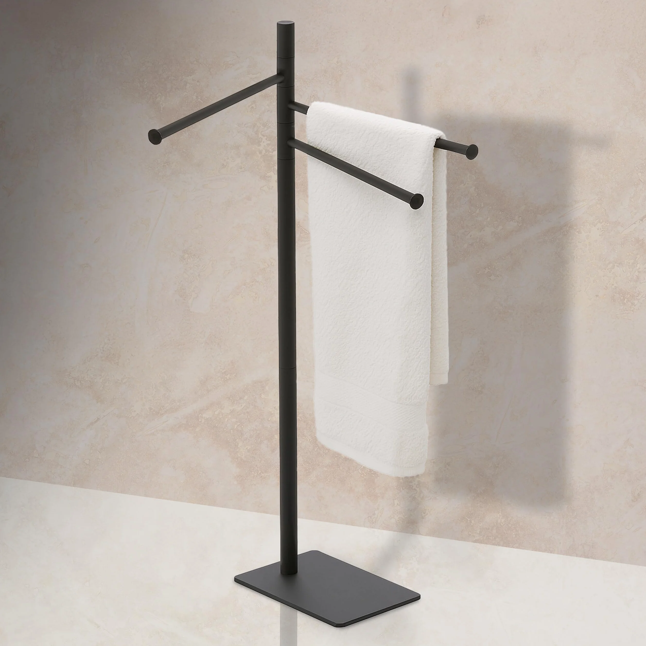Relaxdays Portasciugamani a 3 Bracci Mobili Piantana da Bagno in Metallo Nero 83x33,5x14 cm