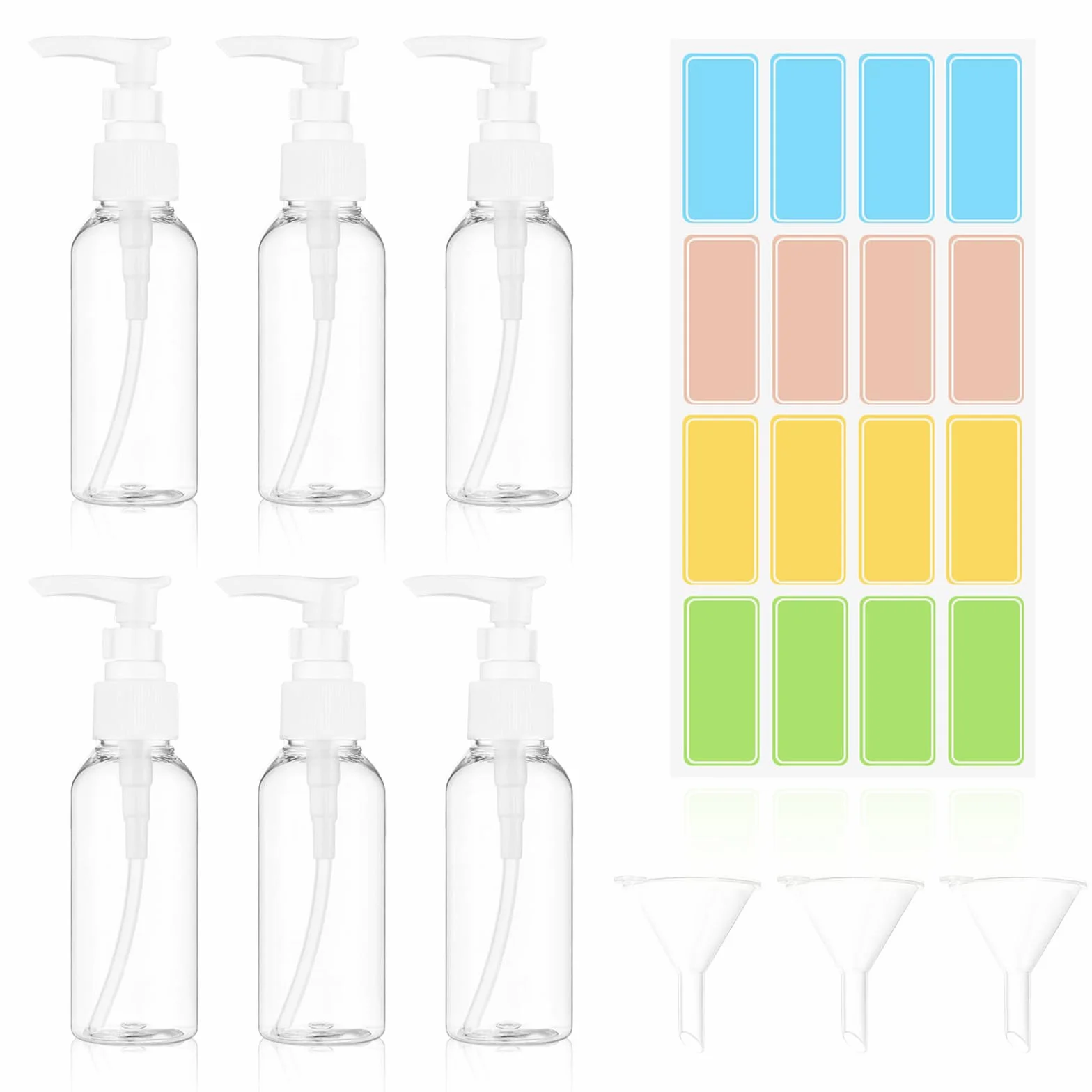 6 Pezzi Distributore a Pompa Airless 50ml, Flacone a Pompa Vuoto in Plastica Trasparente, Distributore di Crema & Sapone, Inclusi 3 Imbuti & 1 Etichetta, Ideali per Cosmetici, Shampoo & Crema