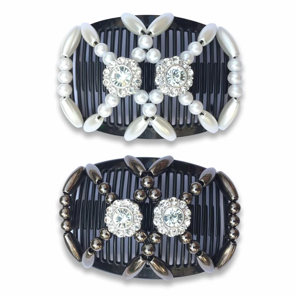 2 Pezzi Pettini per Capelli con Perline Doppio Pettine Fermacapelli Signore Clip Fermacapelli Pettine Elastico Doppio per Capelli Africano Vintage Regolabili Accessori Acconciatura Donna