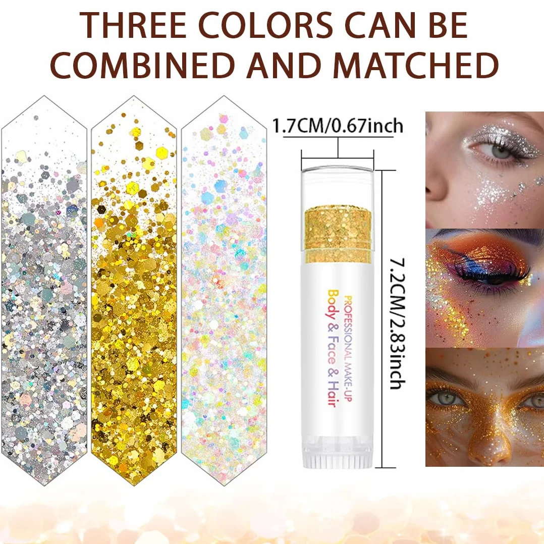 3 Pezzi Glitter Viso, Glitter Capelli, Brillantini per Capelli, Trucco per Carnevale, Compatibili con Carnevale, Halloween, Feste, Musica, Festival, in Maschera(Oro, Argento)