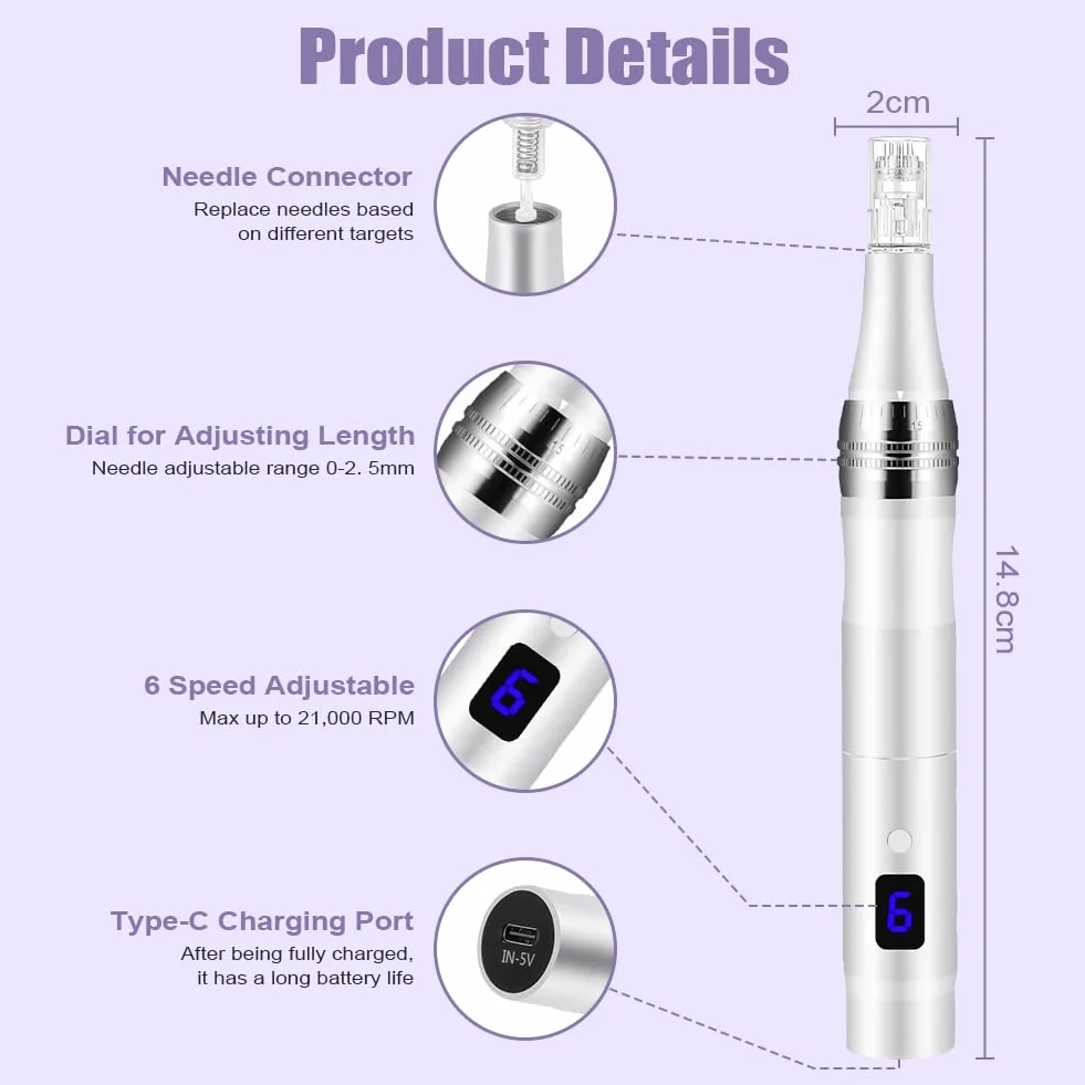 Vicloon Elettrico Dermapen Microneedling Professionale, Derma Penna con Schermo LCD e 6 Livelli incl. 12 pezzi Cartucce, Regolabile 0-2,5 mm (Argento)