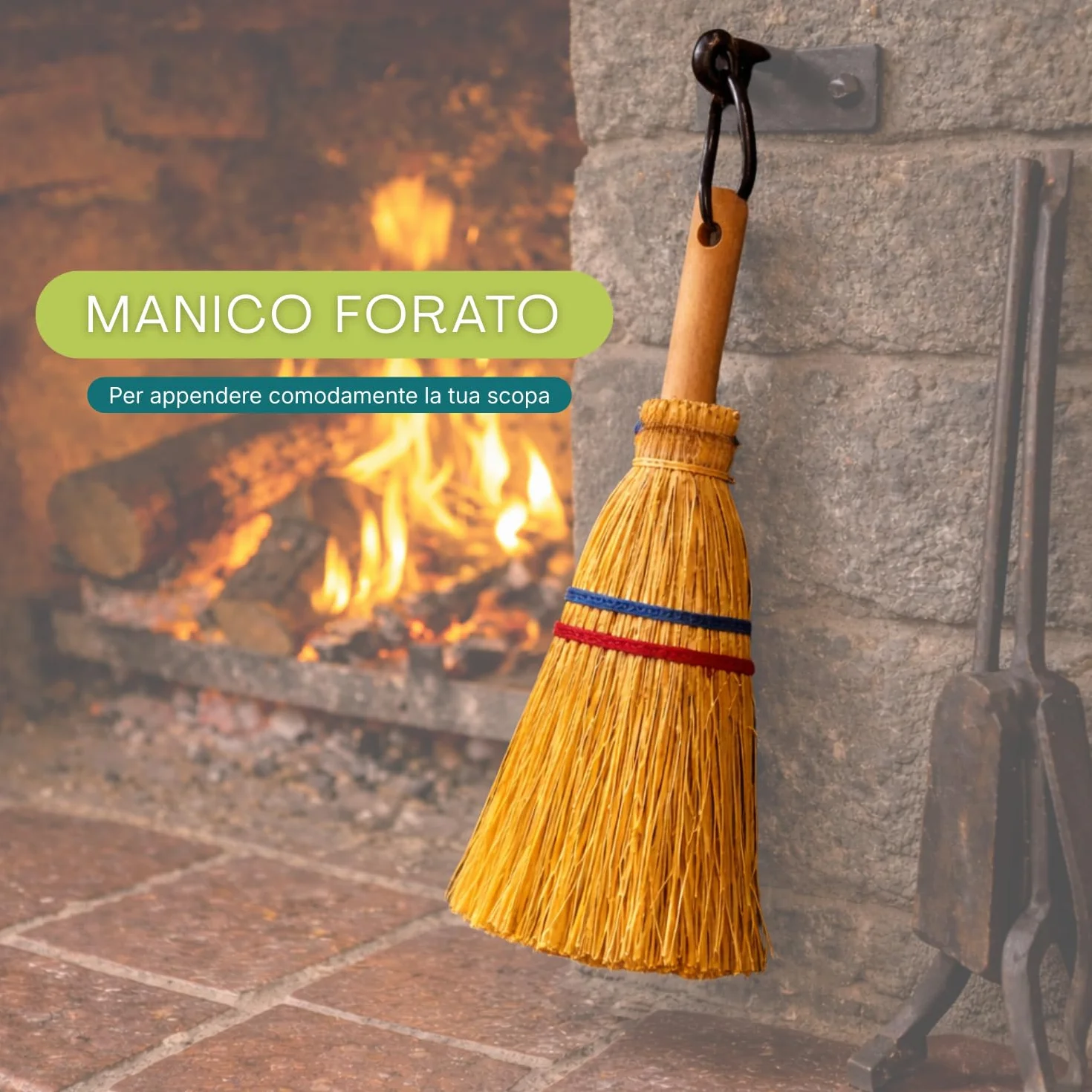 Paluplus Scopa Saggina per Camino 2 Fili 36 cm con Manico Legno 15 cm