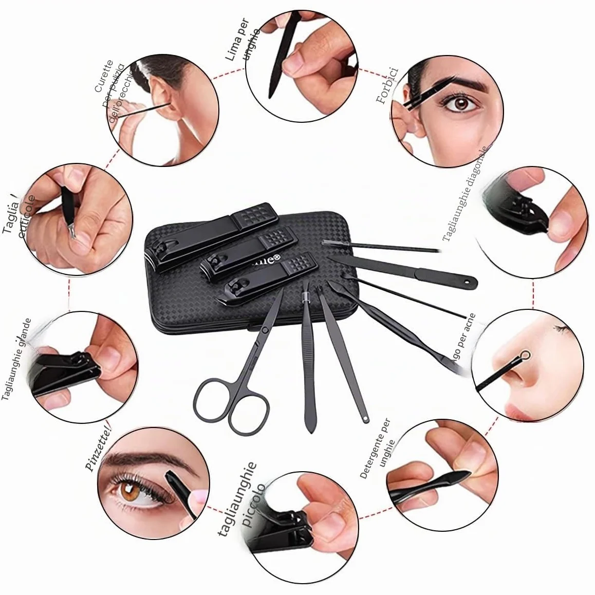 Glamne Set manicure Kit tagliaunghie Strumenti professionali per la cura delle unghie in acciaio inossidabile con custodia da viaggio in pelle 10 in 1 Nero
