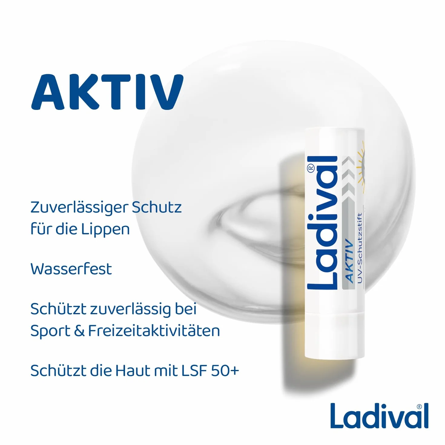 Ladival SPF 50+ - Protezione solare per labbra secche, delicata pelle delle labbra, con olio di jojoba, idratante, impermeabile, protezione UVA e UVB, 4,8 g