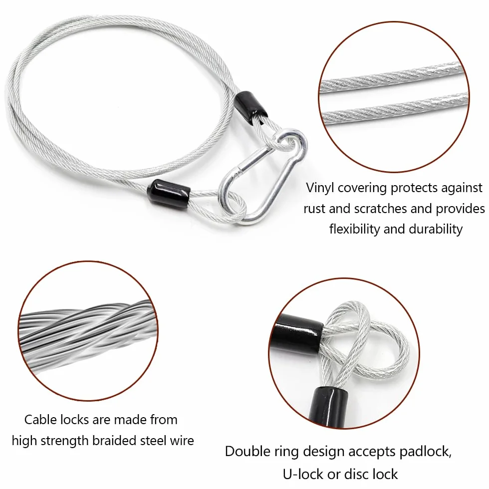 Cavo di Sicurezza in Acciaio Toroidal con Serratura a Moschettone per Biciclette 1m x 3mm Argento 4 Pezzi