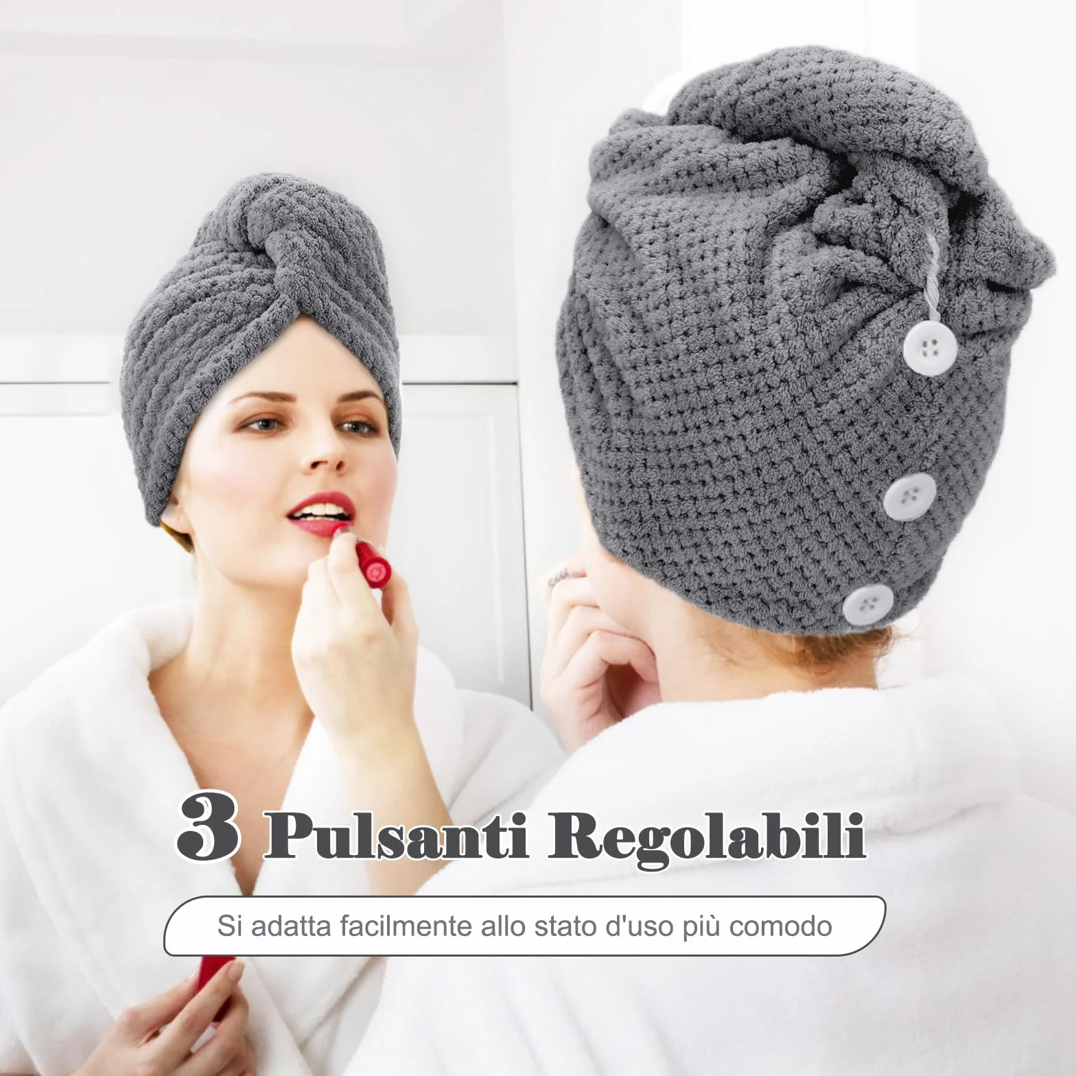 FREATECH Asciugamano Capelli in Microfibra con Texture Waffle, 3 Pezzi Turbante Asciugacapelli, Turbante Capelli Super Morbido e Assorbente con 3 Bottoni per Donna, Bambino, Capelli Lunghi Ricci