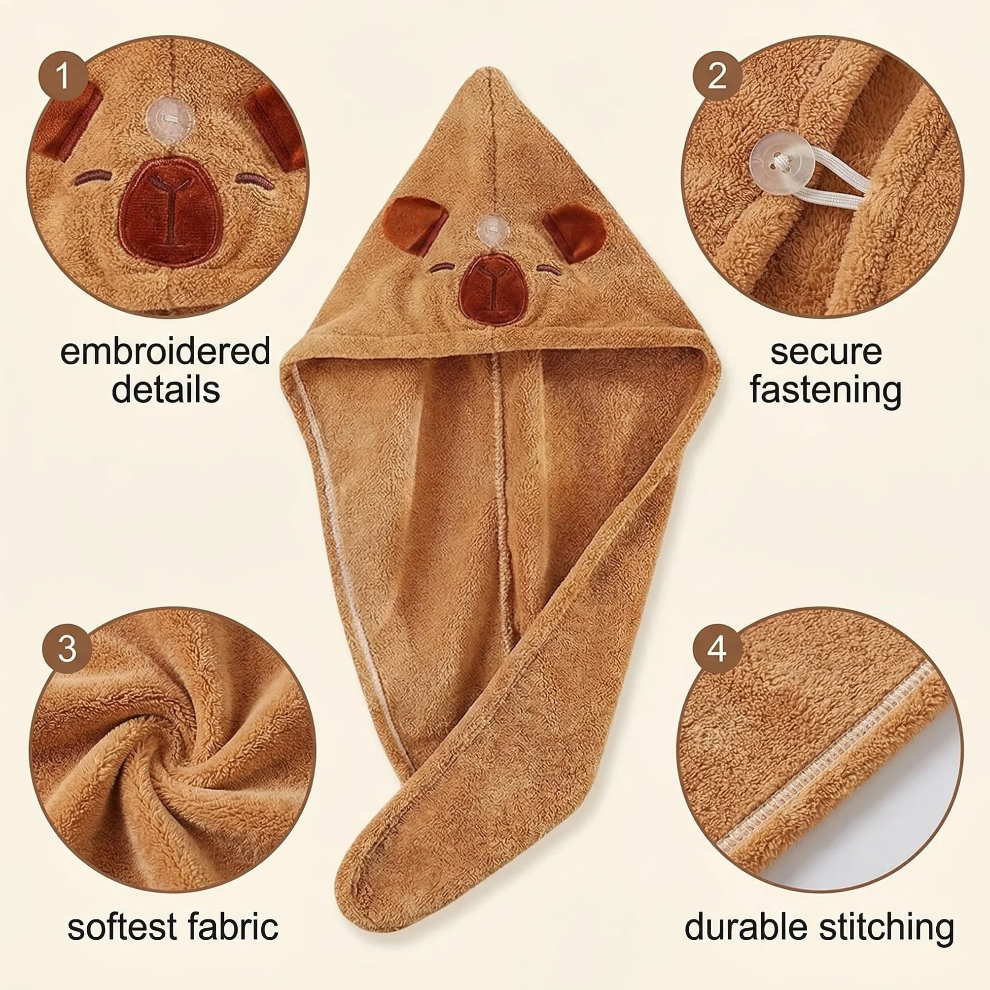 1 Pezzi Capybara Asciugamano per Capelli, Turbante Asciugacapelli, Asciugatura Rapida Turbante Super Assorbente con Bottone per Donne Capelli Lunghi