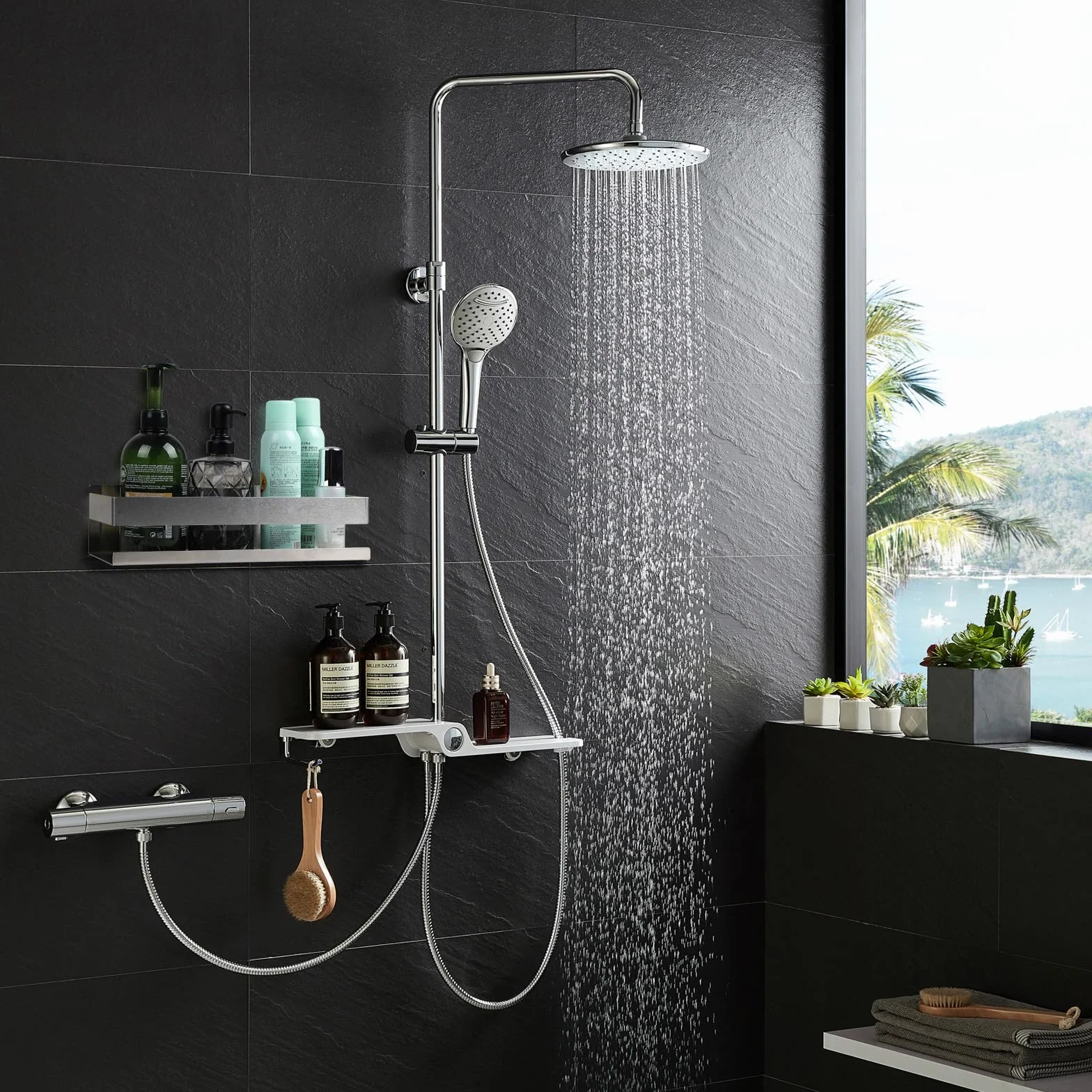 EXLECO Mensola Doccia Senza Foratura 30 CM Acciaio Inox Cromo Spazzolato con 2 Ganci Mobili Porta Shampoo