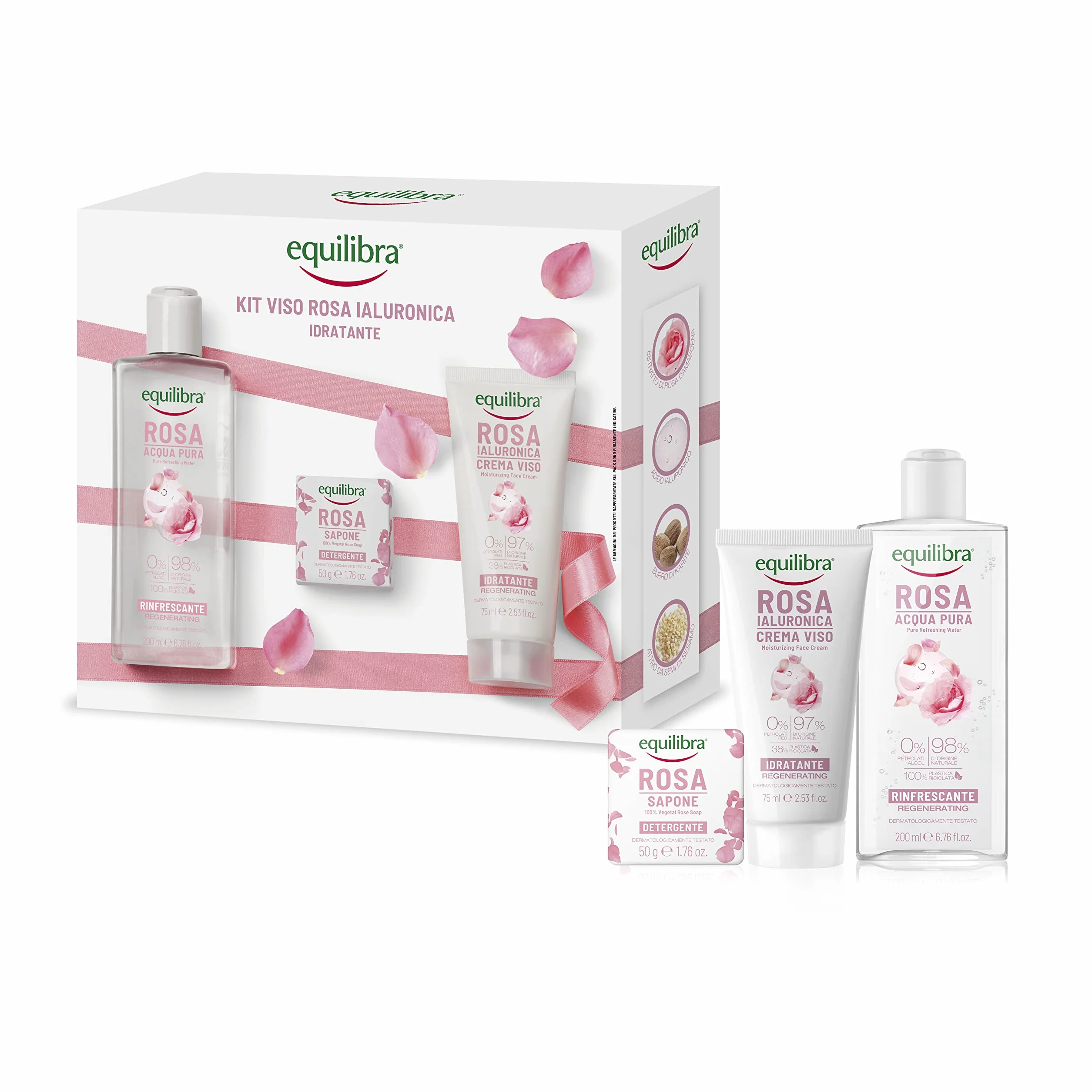 equilibra Viso, Kit Viso Rosa Ialuronica Idratante, Rosa Acqua Pura Rinfrescante, Rosa Sapone 100% Vegetale detergente, Rosa Ialuronica Crema Viso Idratante, Confezione Regalo