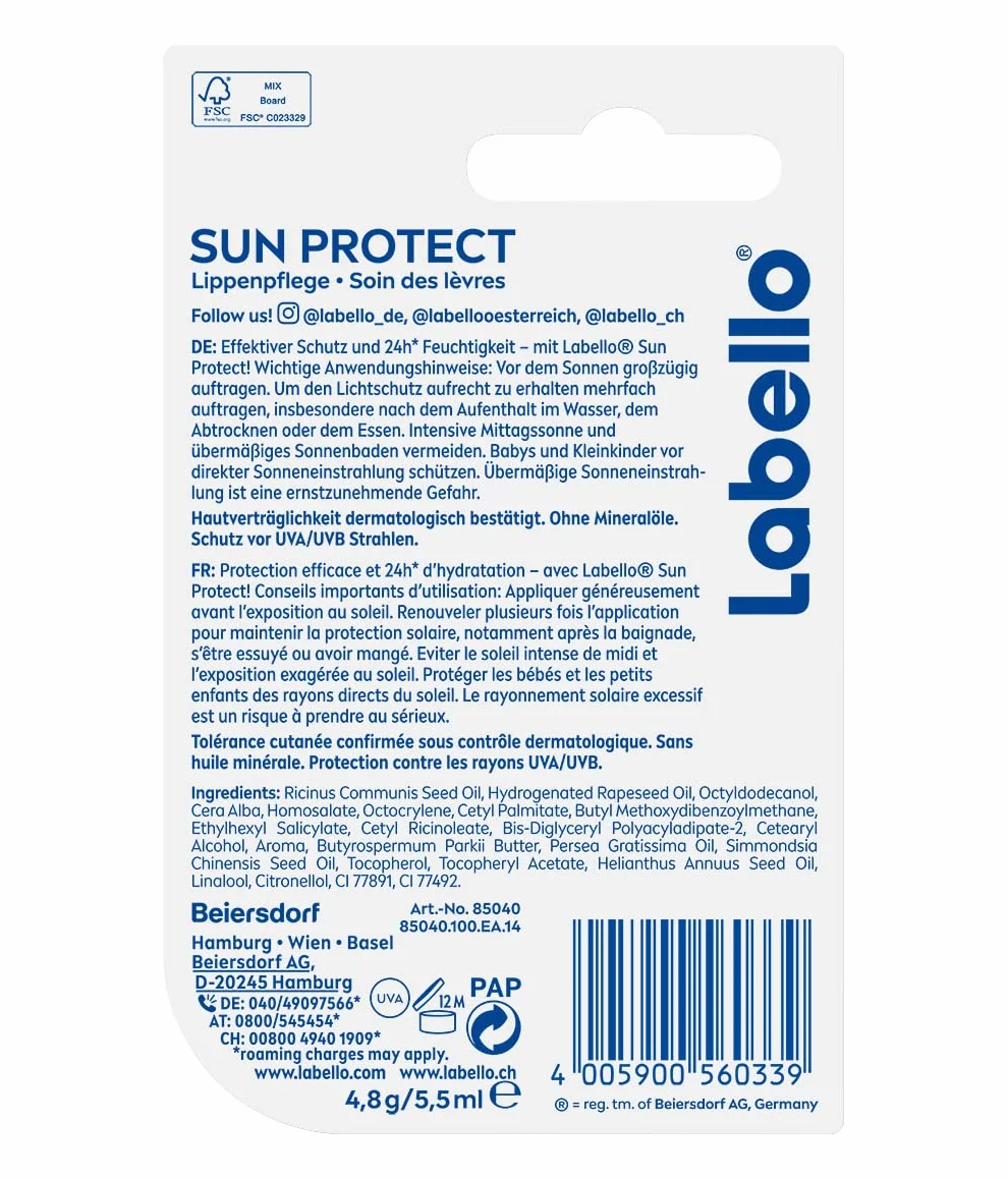 Labello Sun Protect, balsamo labbra waterproof con protezione solare (SPF 30), senza oli minerali, 1 confezione (4.8 g)