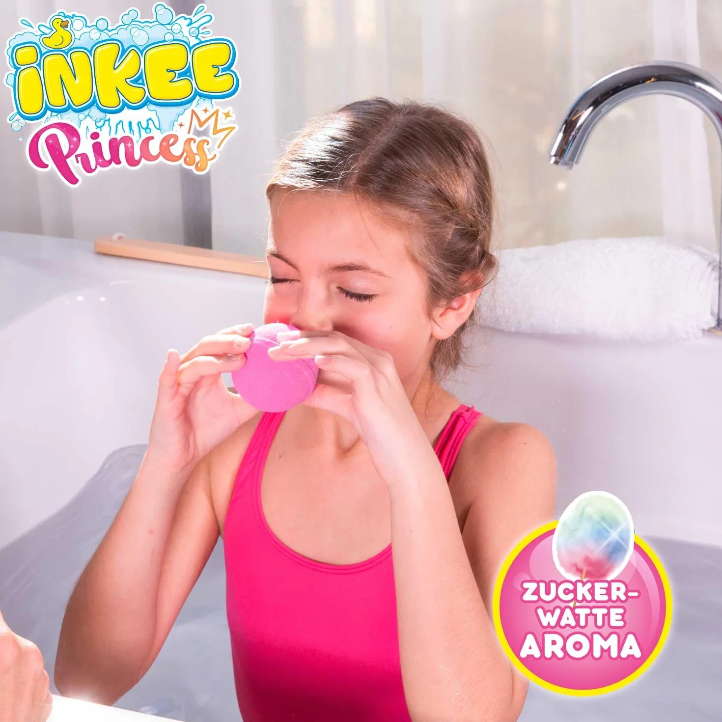 INKEE Surprise Princess – Bomba da bagno principessa con sorpresa, profumo zucchero filato e olio di mandorle, testata dermatologicamente, 100g, rosa o lilla