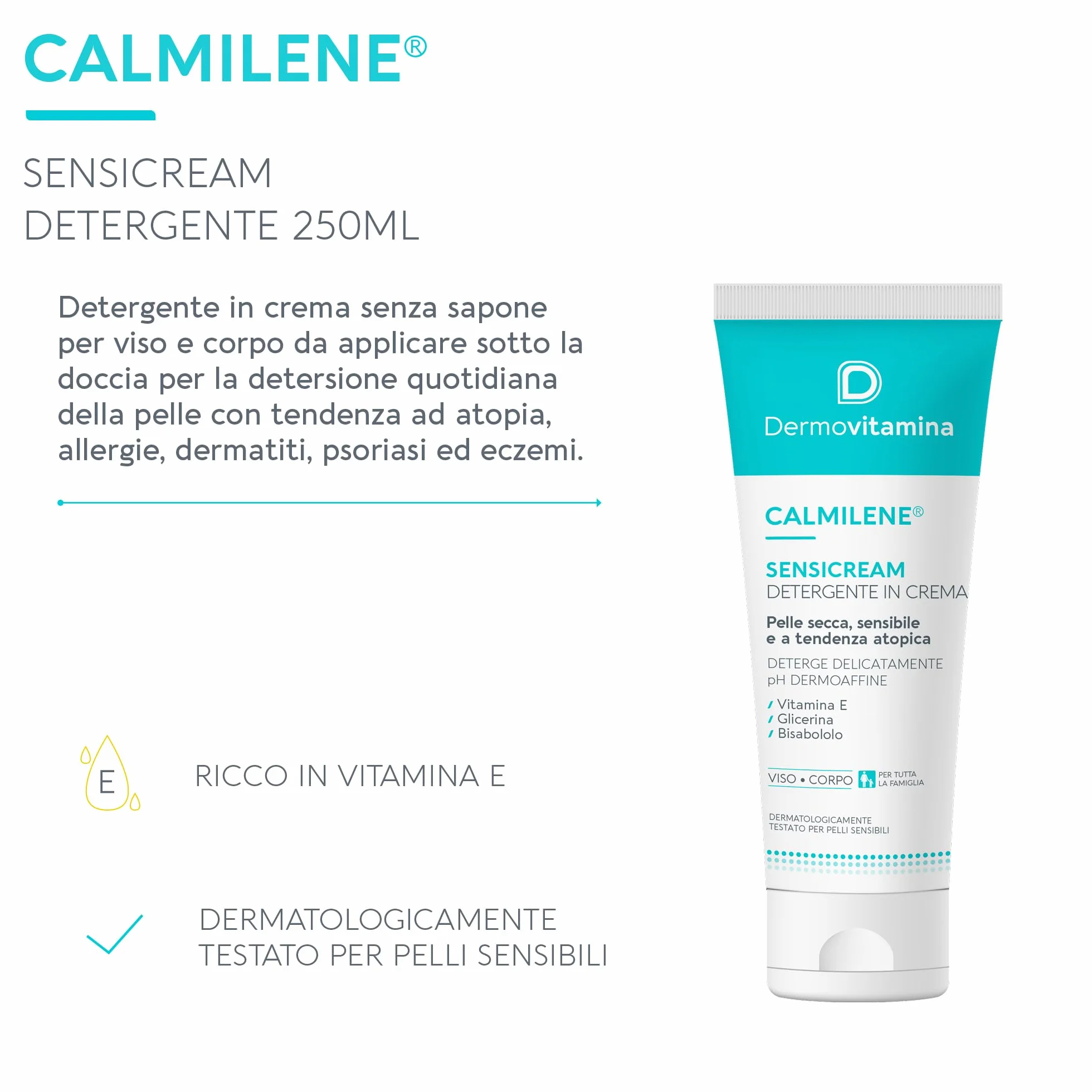 Dermovitamina Calmilene Sensicream Detergente - Detergente Viso e Corpo - Senza Sapone - Per Pelle Secca, Sensibile con Tendenza Atopica, Dermatiti, Psoriasi - Con Vitamina E e Calmilene - 250 ml