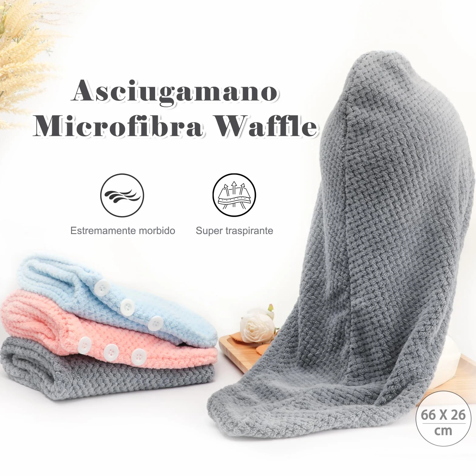 FREATECH Asciugamano Capelli in Microfibra con Texture Waffle, 3 Pezzi Turbante Asciugacapelli, Turbante Capelli Super Morbido e Assorbente con 3 Bottoni per Donna, Bambino, Capelli Lunghi Ricci
