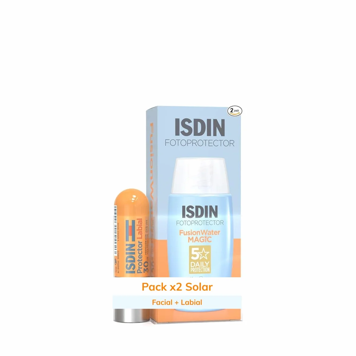 ISDIN Set Fusion Water MAGIC SPF 50 (50 ml) + balsamo per labbra SPF 30 (4 g), protezione solare ultra leggera per viso e labbra, a base d'acqua, non brucia negli occhi