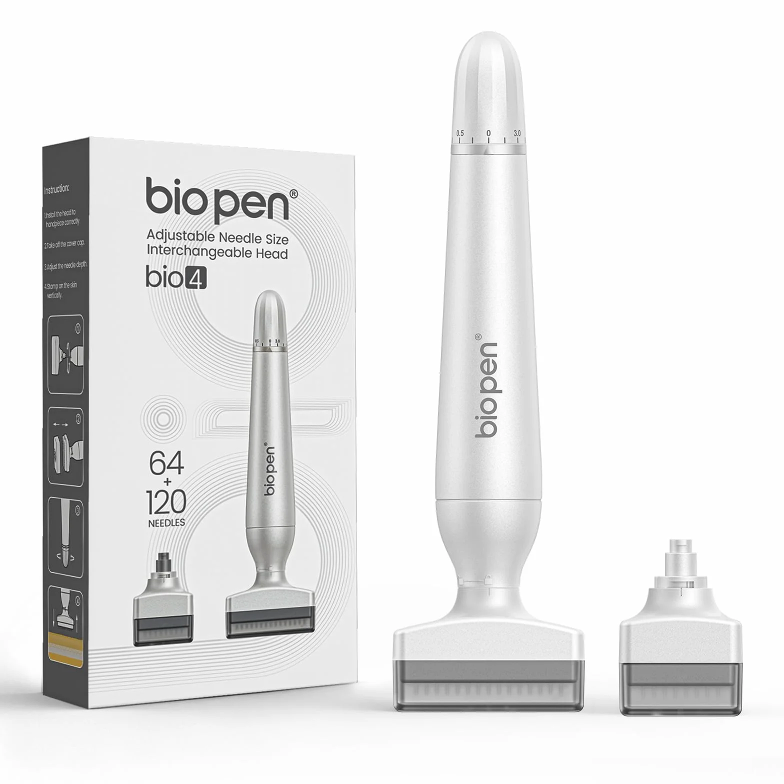 Bio 4 Microneedling Derma Stamp – Sistema Professionale a Doppia Azione con Testine 120 e 64 Aghi in Titanio, 0-3 mm Regolabile – Fino a +60% Fssorbimento Siero