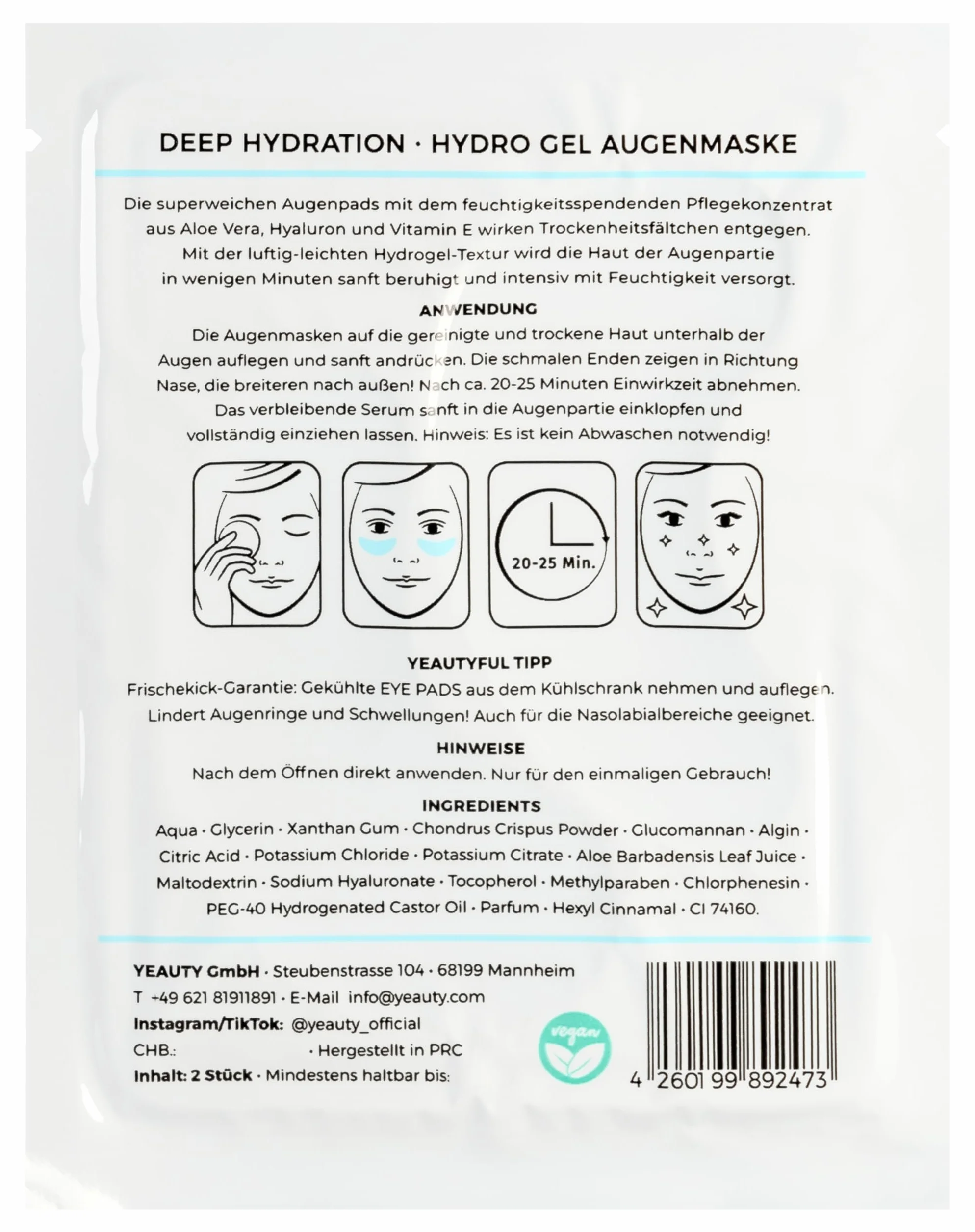 YEAUTY DEEP HYDRATION EYE PAD MASK, cuscinetti idratanti per gli occhi con aloe vera, ialuronico e vitamina E contro la pelle secca e fragile, per una zona ottimale idratata degli occhi