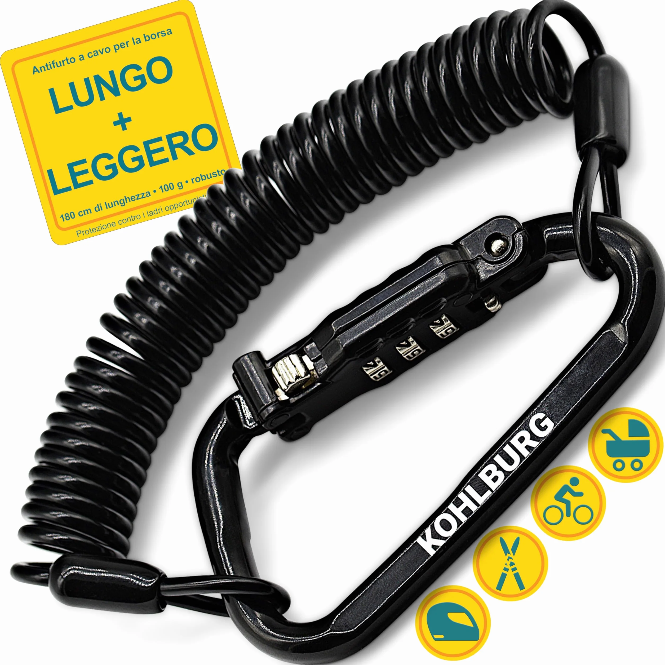 KOHLBURG lucchetto con combinazione extra lungo 180 cm cavo 3 mm per moto, bicicletta, valigia, snowboard