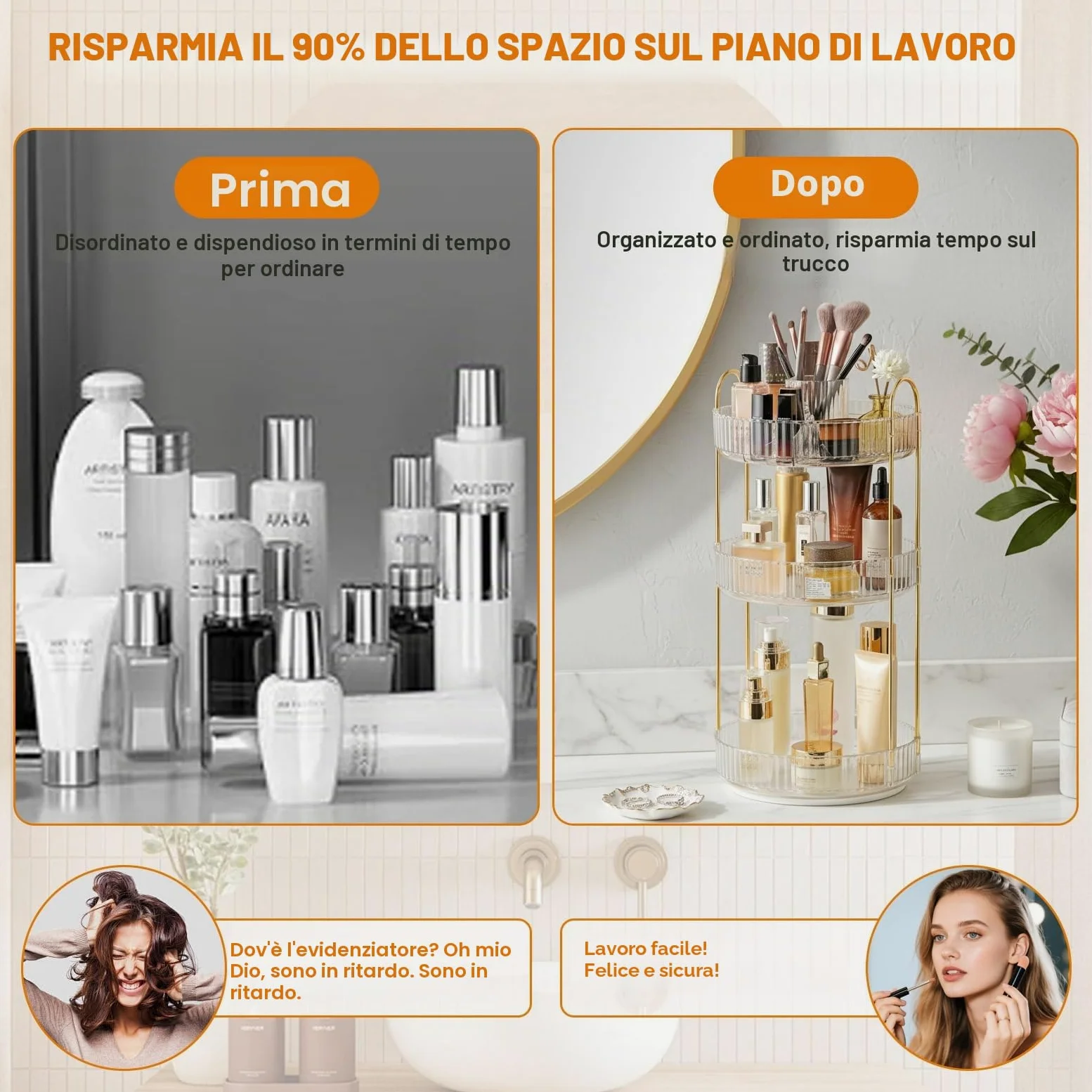 SHANNA Organizer Trucco: Porta Trucchi Rotante a 360° a 3 Livelli, Grande Capacità, Porta Pennelli Rotante Multifunzione, per Comò, Camera da Letto (Chiaro-A)