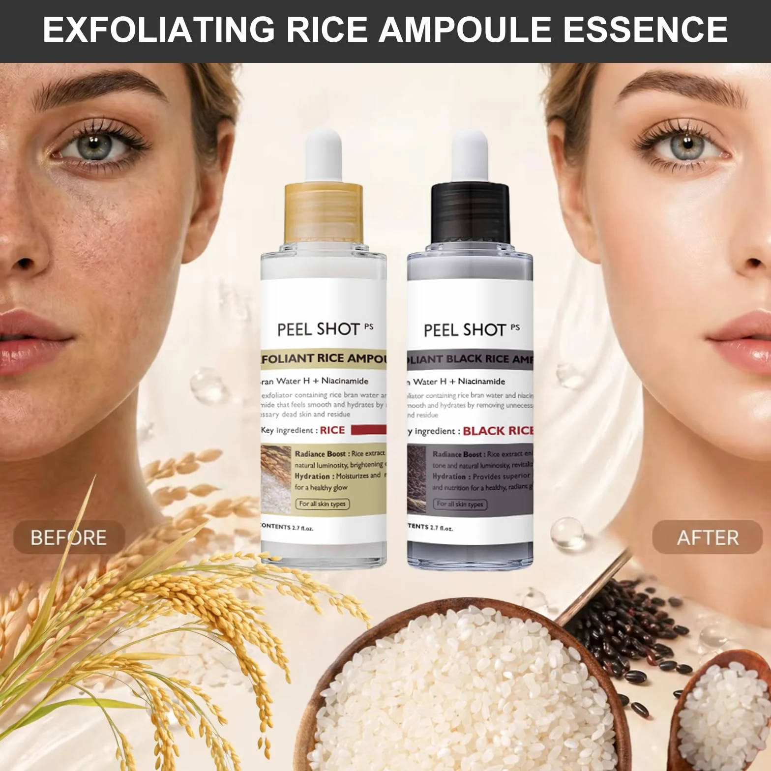 Siero Coreano Esfoliante al Riso, Peel Shot Glow Rice Ampoule Duo, Siero Esfoliante al Riso, Coreano Punti Neri Rimozione, Riduce Pori, Idratante e Illuminante, pelli sensibili (80ml* 2 Pack)