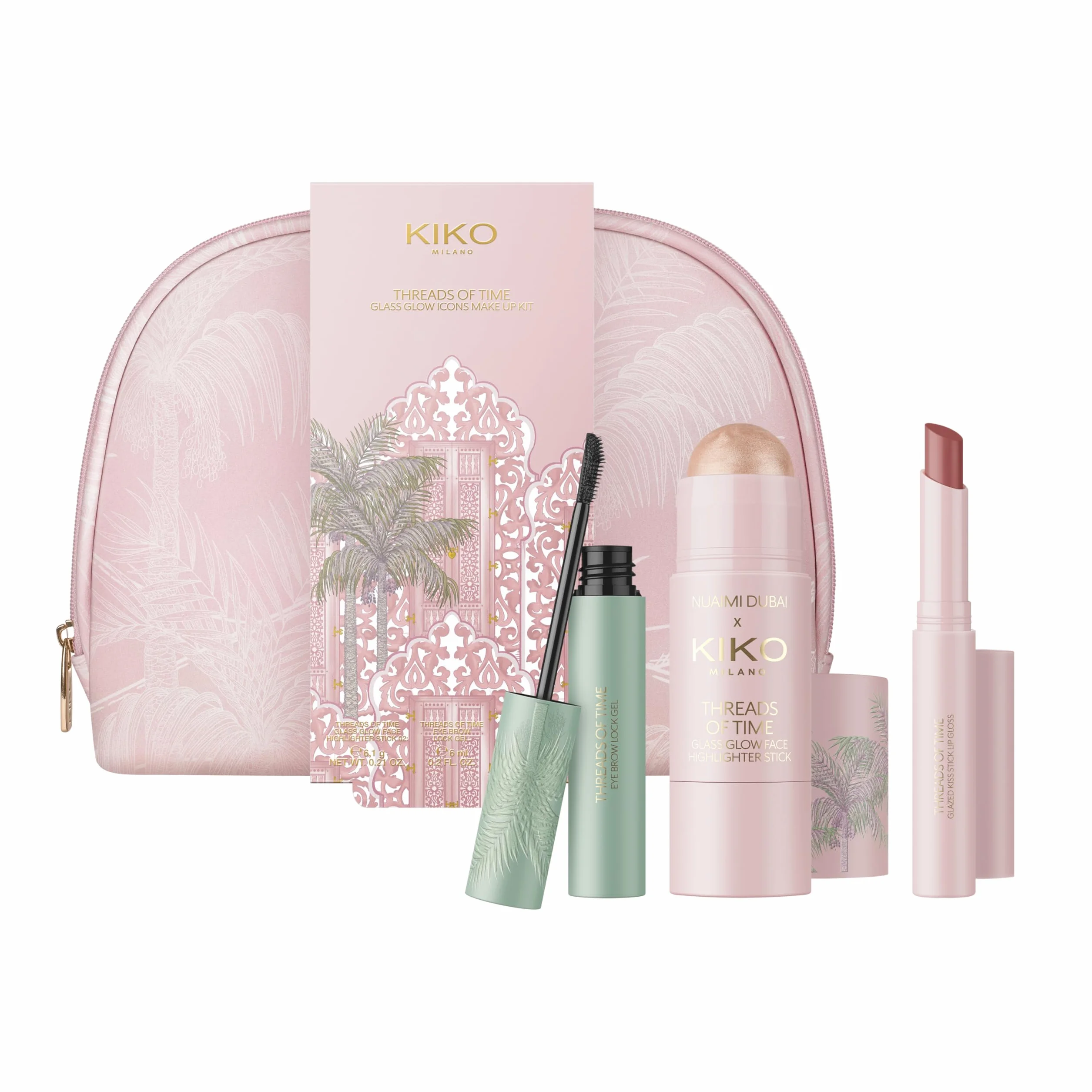 KIKO Milano Threads Of Time Glass Glow Icons Make Up Kit, Gift Set Makeup: Illuminante In Stick, Cera Per Sopracciglia E Gloss In Stick