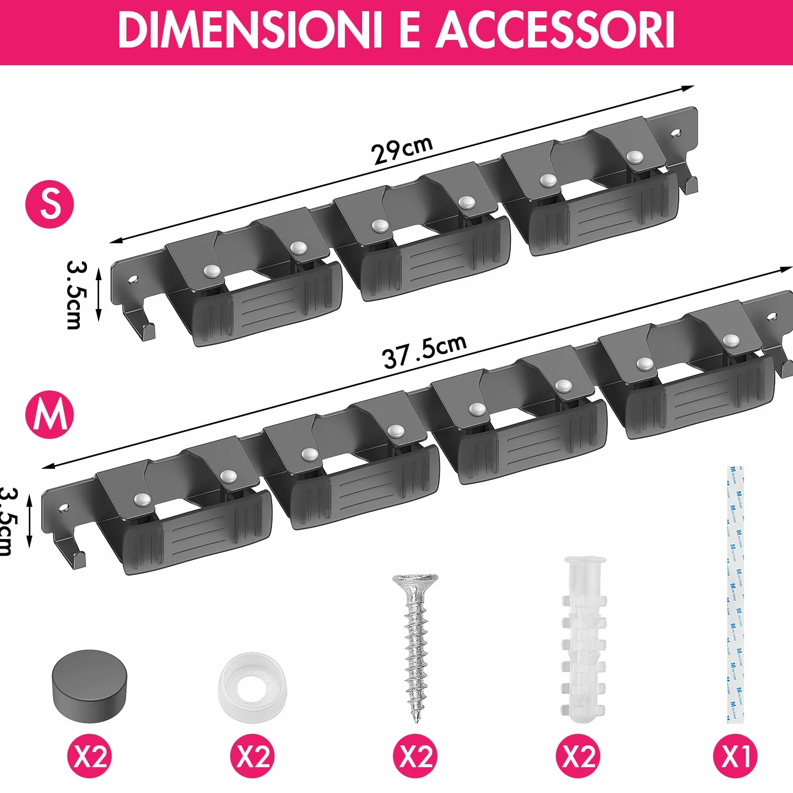 Portascope da Muro con 3 Supporti e 2 Ganci Autoadesivo Nero