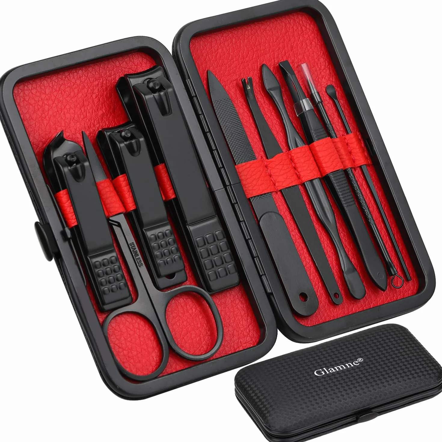 Glamne Set manicure Kit tagliaunghie Strumenti professionali per la cura delle unghie in acciaio inossidabile con custodia da viaggio in pelle 10 in 1 Nero