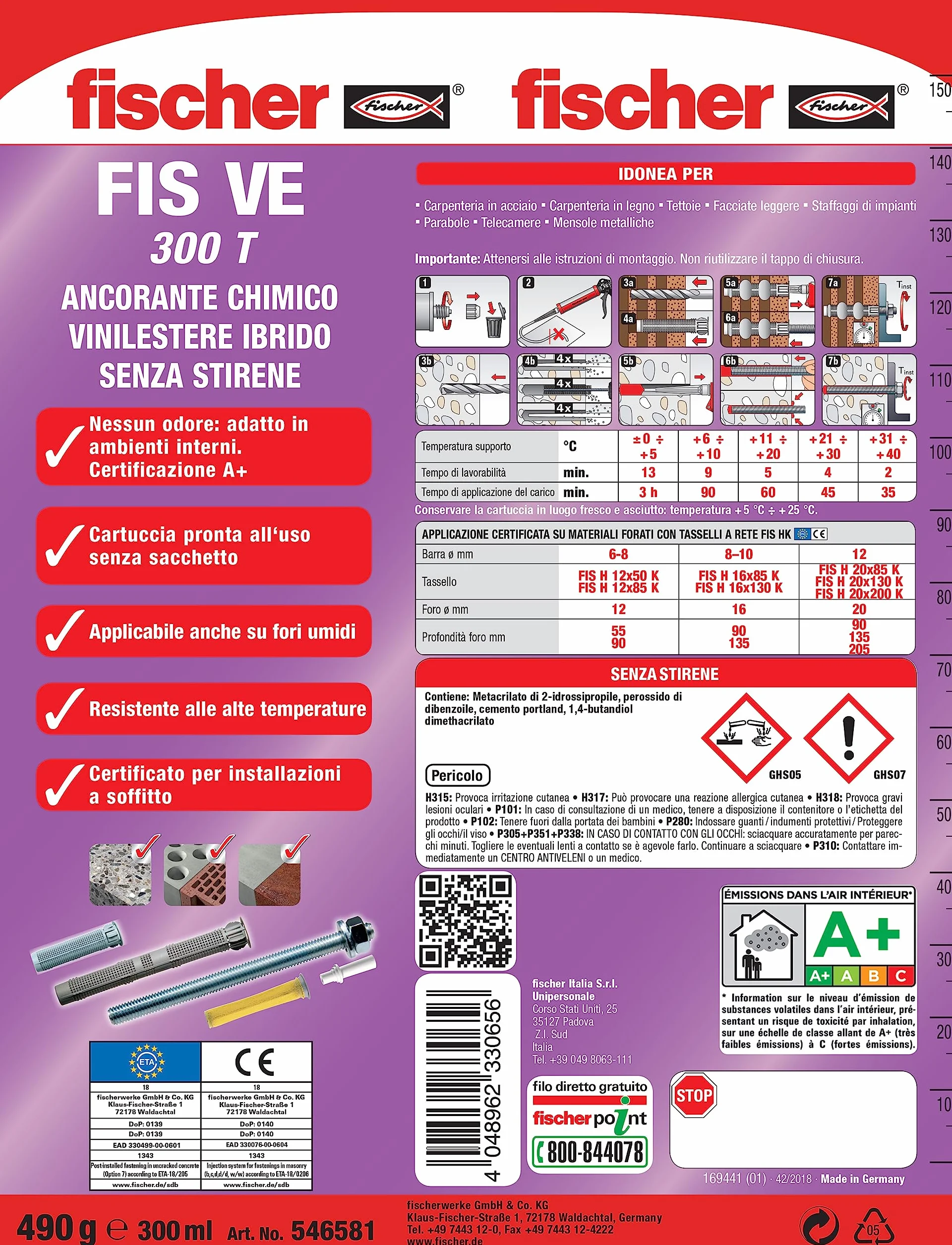 Fischer FIS VE 300 T Ancorante Chimico Resina vinilestere ibrido senza stirene