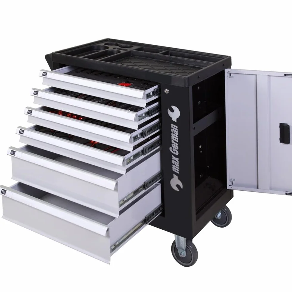 GrecoShop Carrello Attrezzi Portautensili Officina 428 Utensili 6 Cassetti Chiusura a Chiave Organizer Ruote Struttura Rinforzata Carbon Look