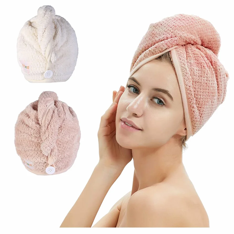 M-bestl, Confezione da 2 asciugamani a turbante per capelli con bottoni, in microfibra